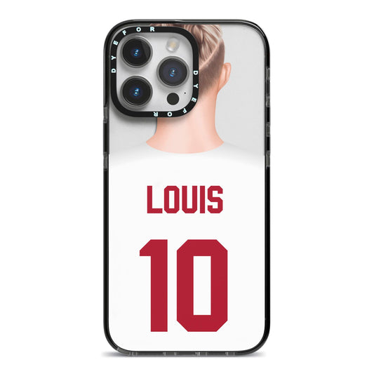Personalised Football Shirt iPhone 14 Pro Max Black Impact Case on Silver phone