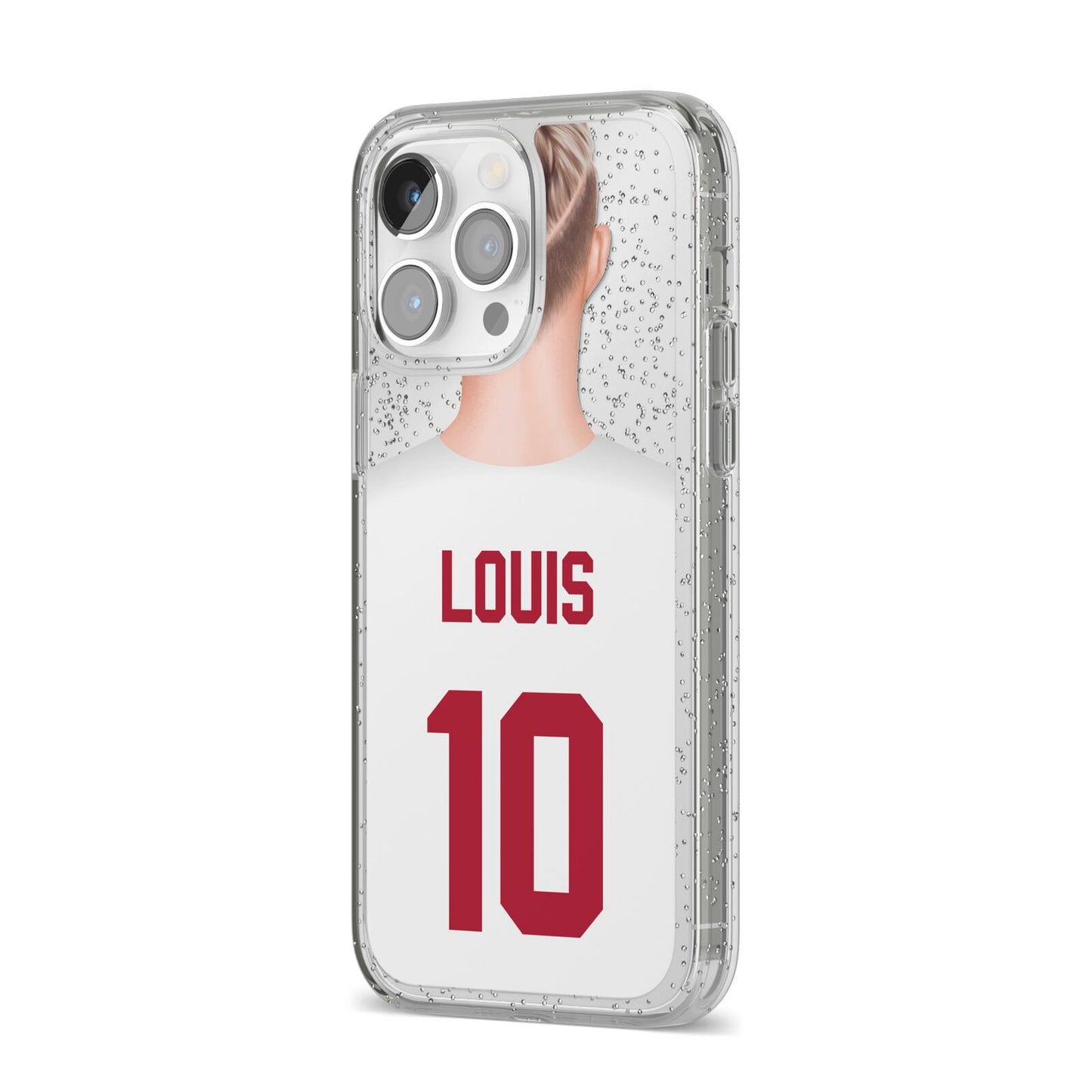Personalised Football Shirt iPhone 14 Pro Max Glitter Tough Case Silver Angled Image