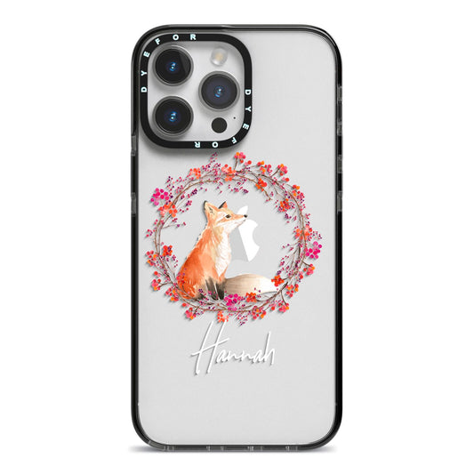 Personalised Fox Christmas Wreath iPhone 14 Pro Max Black Impact Case on Silver phone