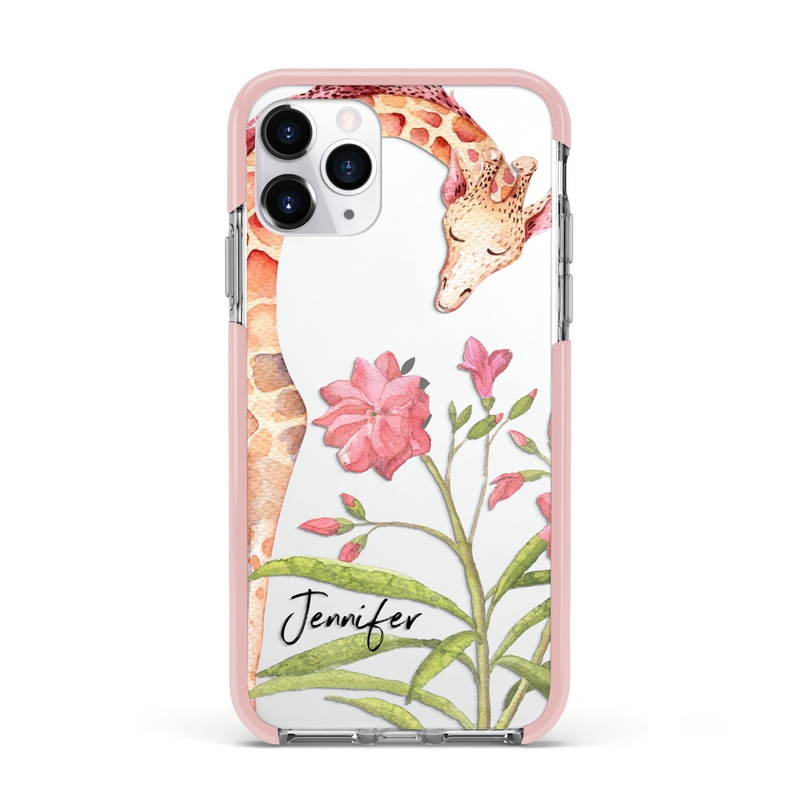 Personalised Giraffe Apple iPhone 11 Pro in Silver with Pink Impact Case