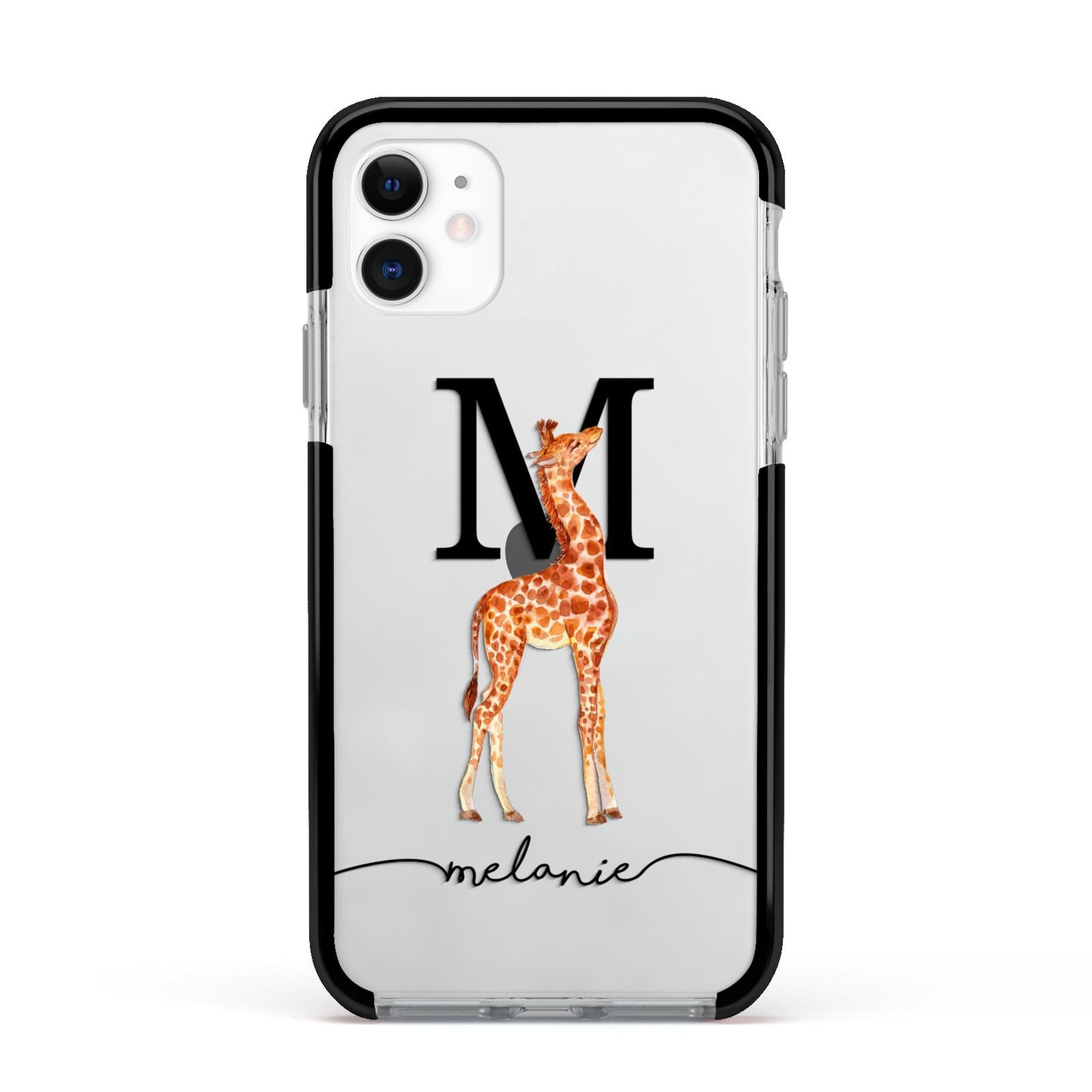 Personalised Giraffe Initial Apple iPhone 11 in White with Black Impact Case