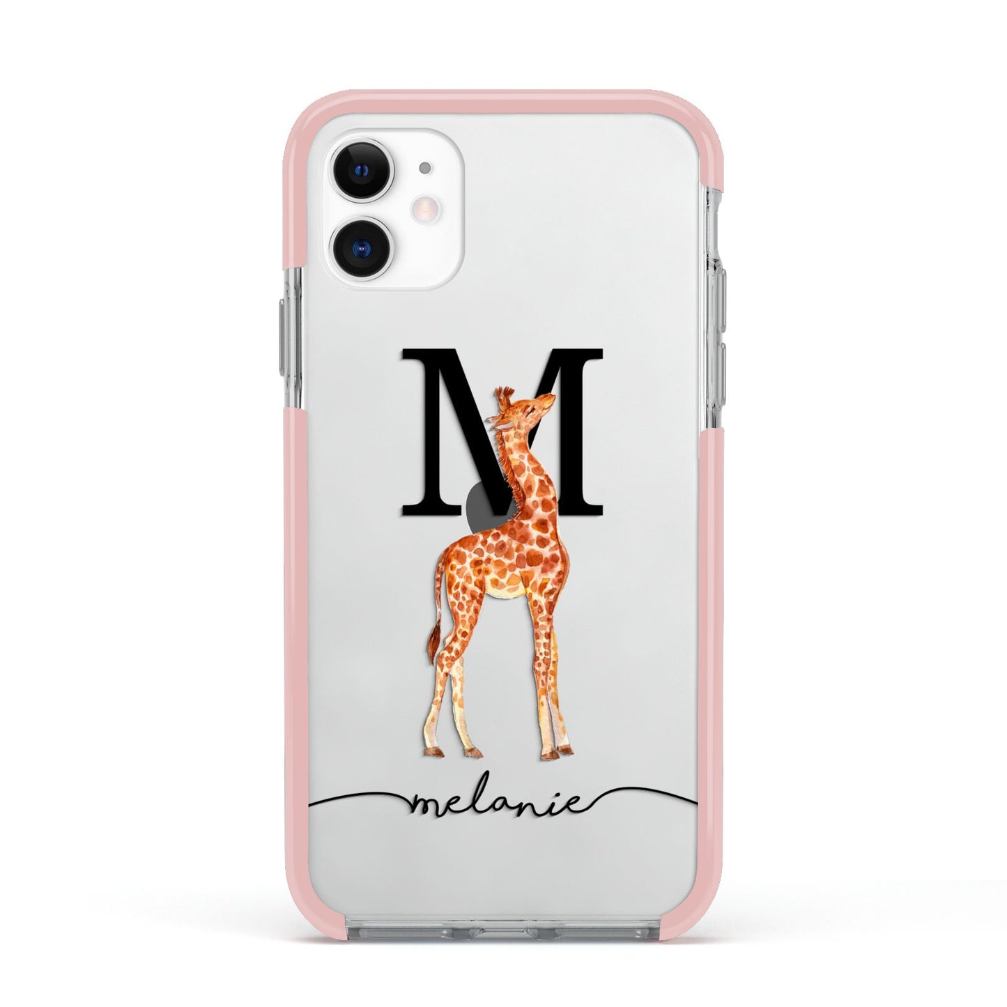 Personalised Giraffe Initial Apple iPhone 11 in White with Pink Impact Case