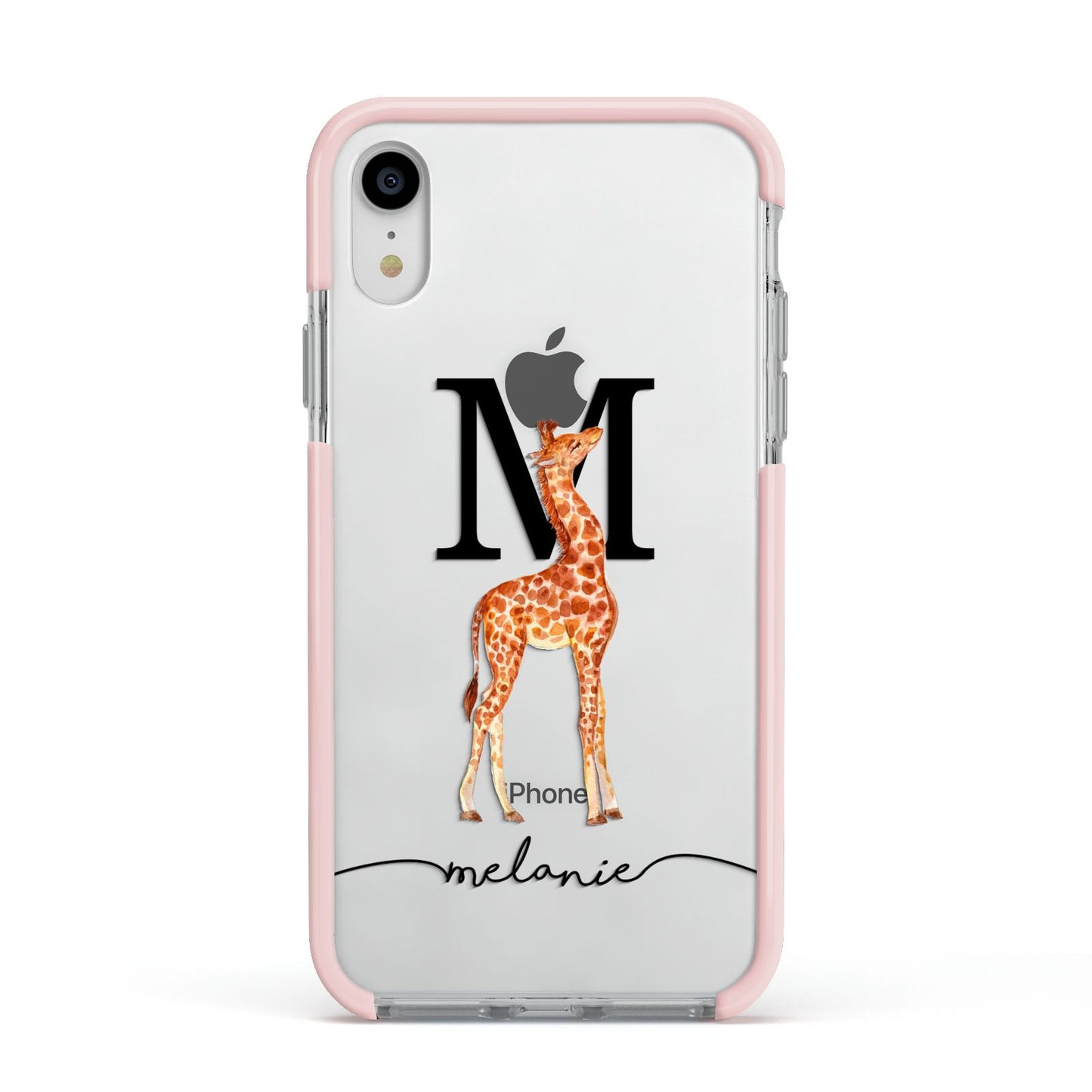 Personalised Giraffe Initial Apple iPhone XR Impact Case Pink Edge on Silver Phone