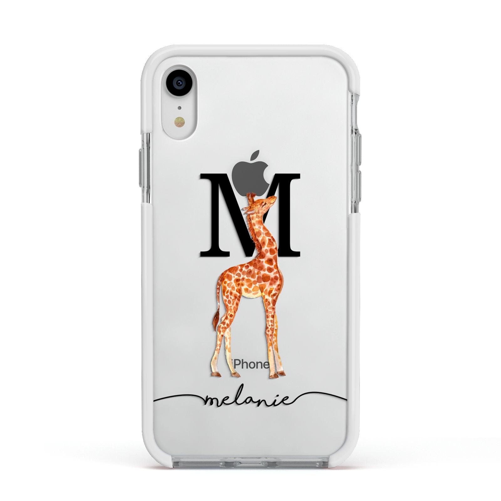 Personalised Giraffe Initial Apple iPhone XR Impact Case White Edge on Silver Phone
