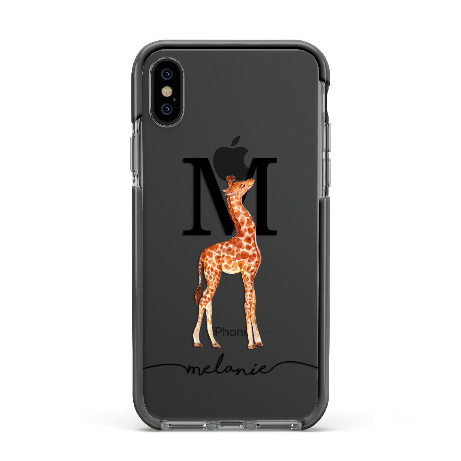 Personalised Giraffe Initial Apple iPhone Xs Impact Case Black Edge on Black Phone