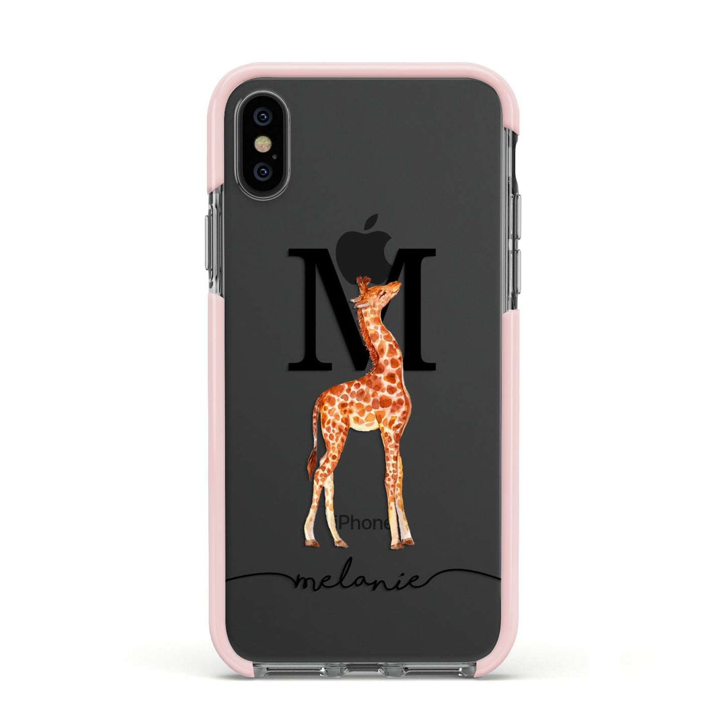 Personalised Giraffe Initial Apple iPhone Xs Impact Case Pink Edge on Black Phone