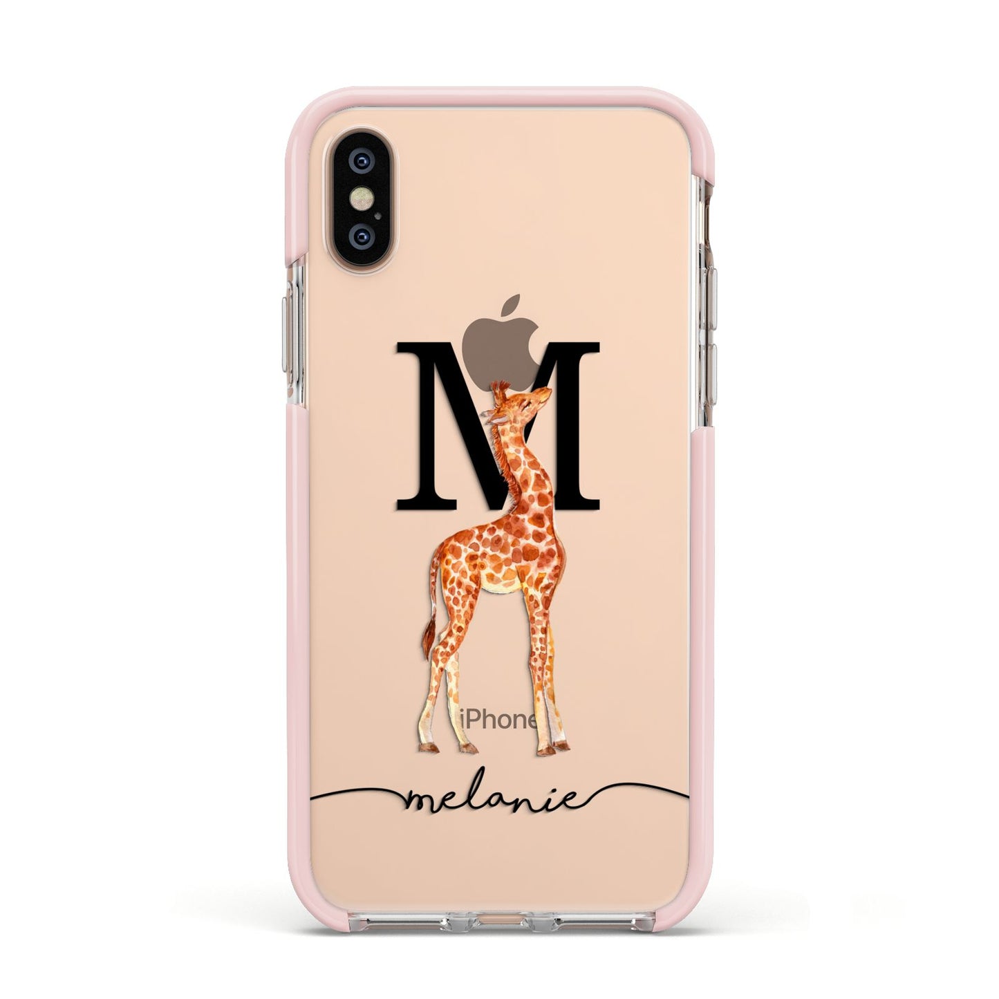 Personalised Giraffe Initial Apple iPhone Xs Impact Case Pink Edge on Gold Phone