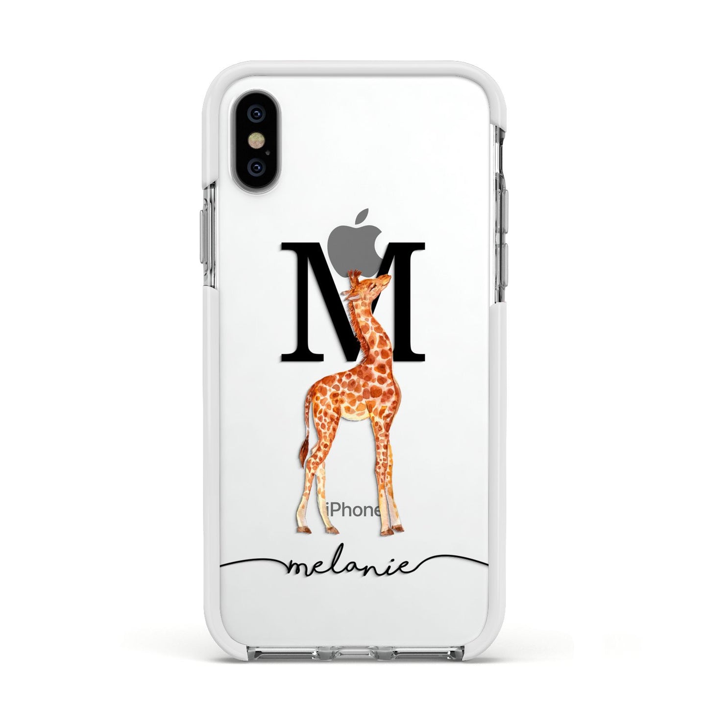 Personalised Giraffe Initial Apple iPhone Xs Impact Case White Edge on Silver Phone