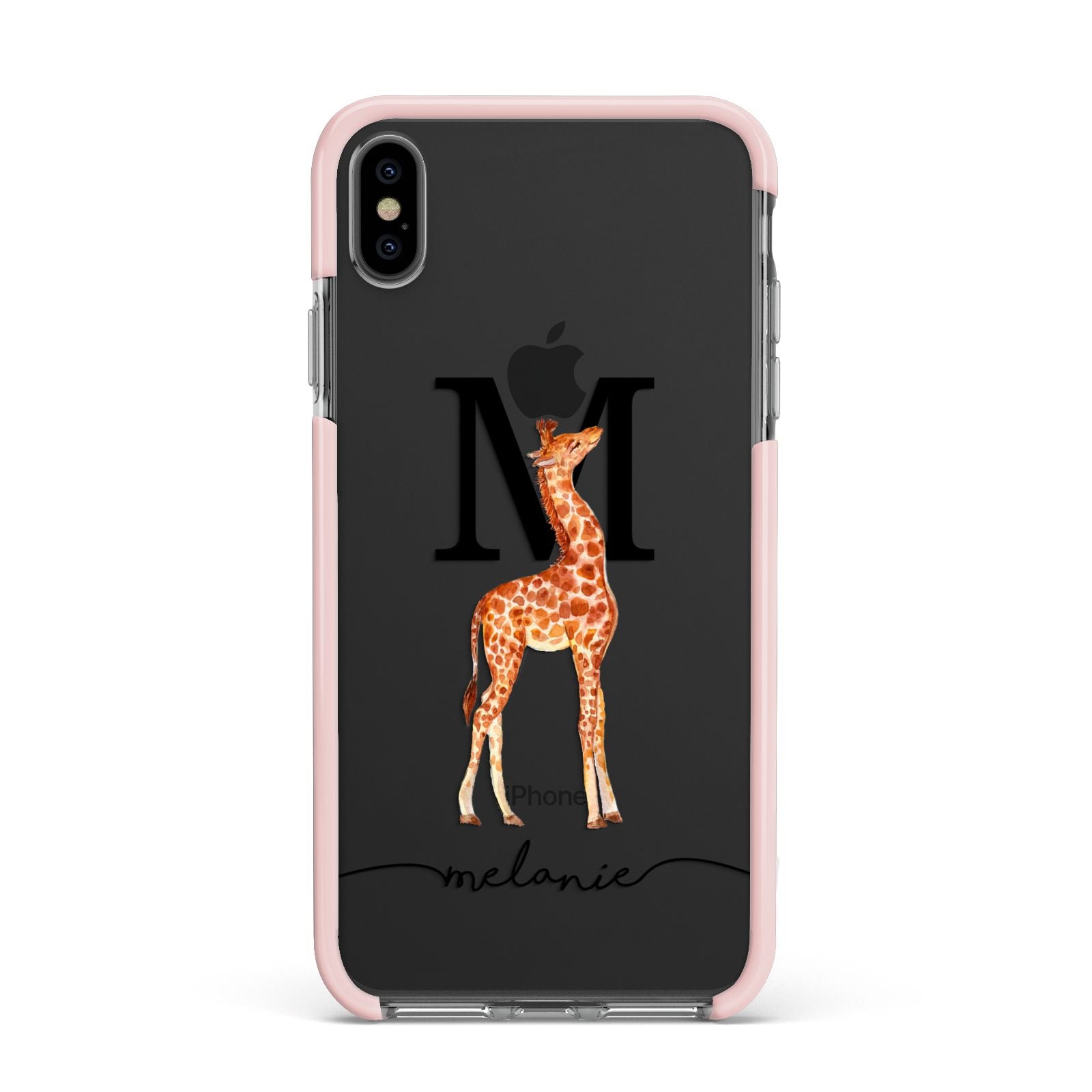 Personalised Giraffe Initial Apple iPhone Xs Max Impact Case Pink Edge on Black Phone