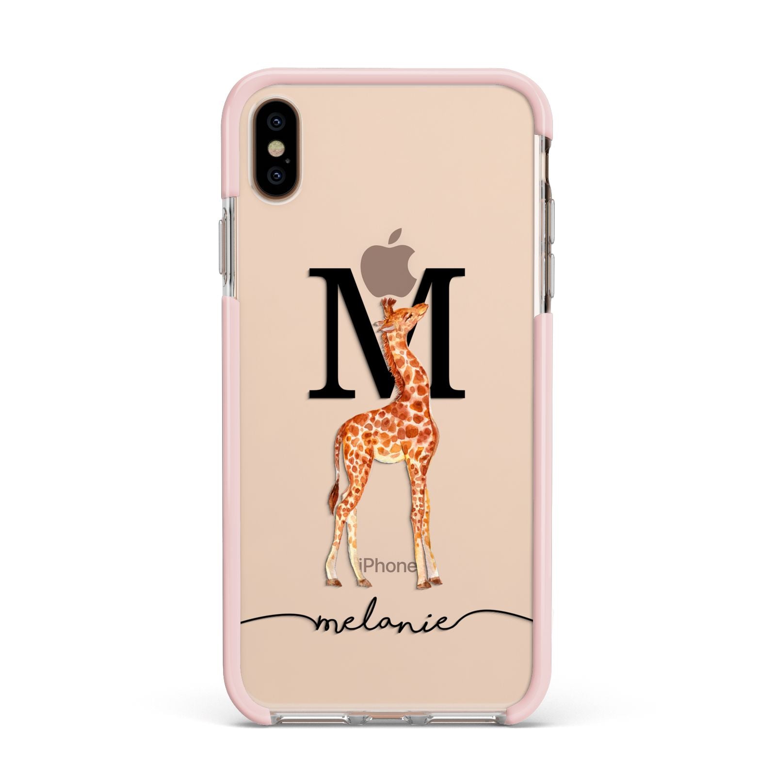 Personalised Giraffe Initial Apple iPhone Xs Max Impact Case Pink Edge on Gold Phone