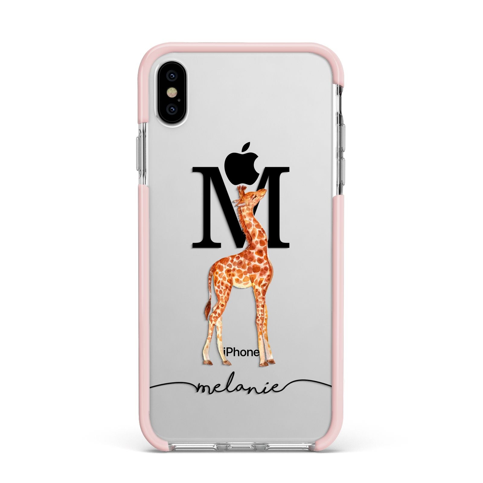 Personalised Giraffe Initial Apple iPhone Xs Max Impact Case Pink Edge on Silver Phone