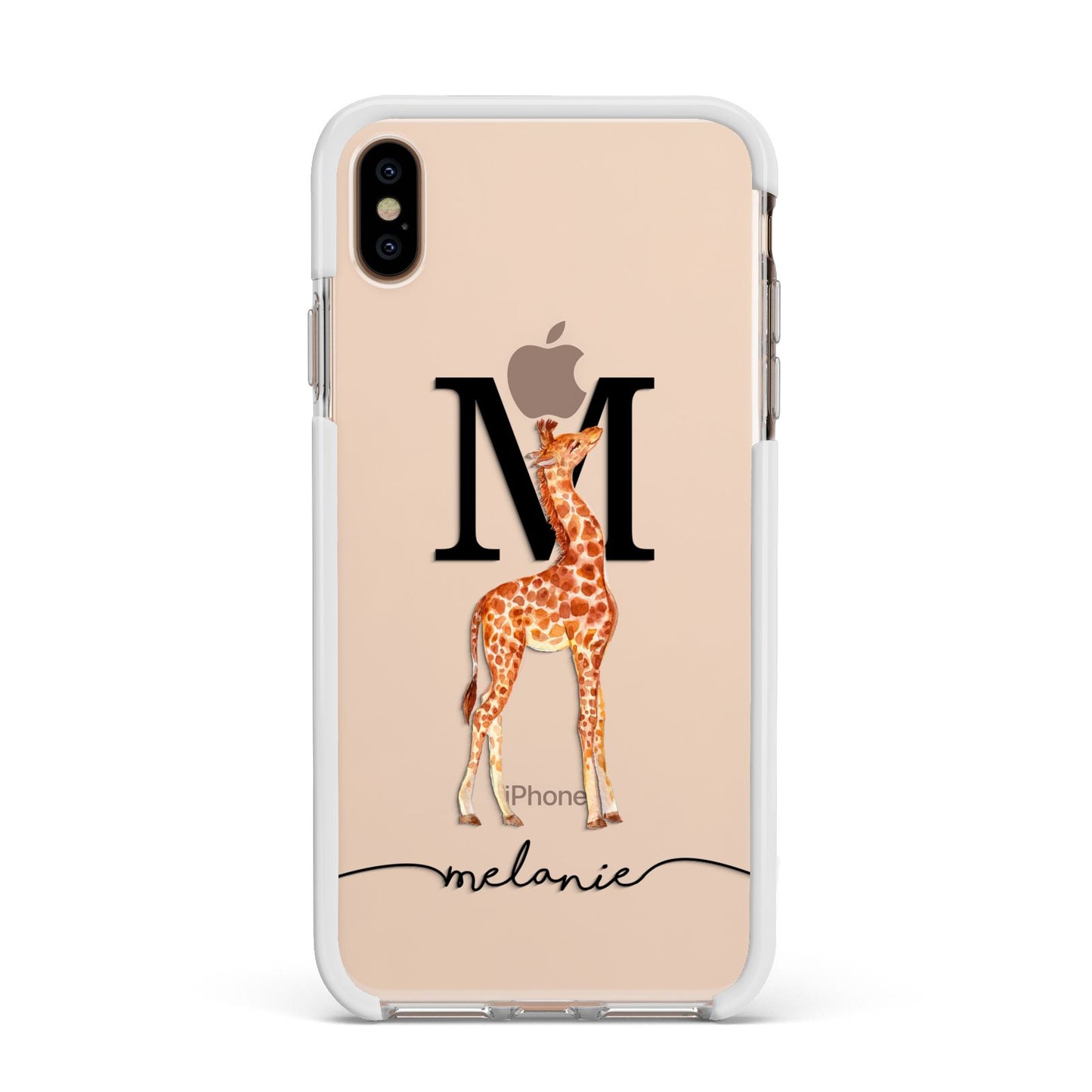 Personalised Giraffe Initial Apple iPhone Xs Max Impact Case White Edge on Gold Phone