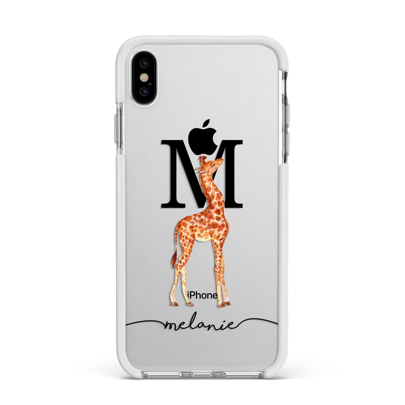 Personalised Giraffe Initial Apple iPhone Xs Max Impact Case White Edge on Silver Phone