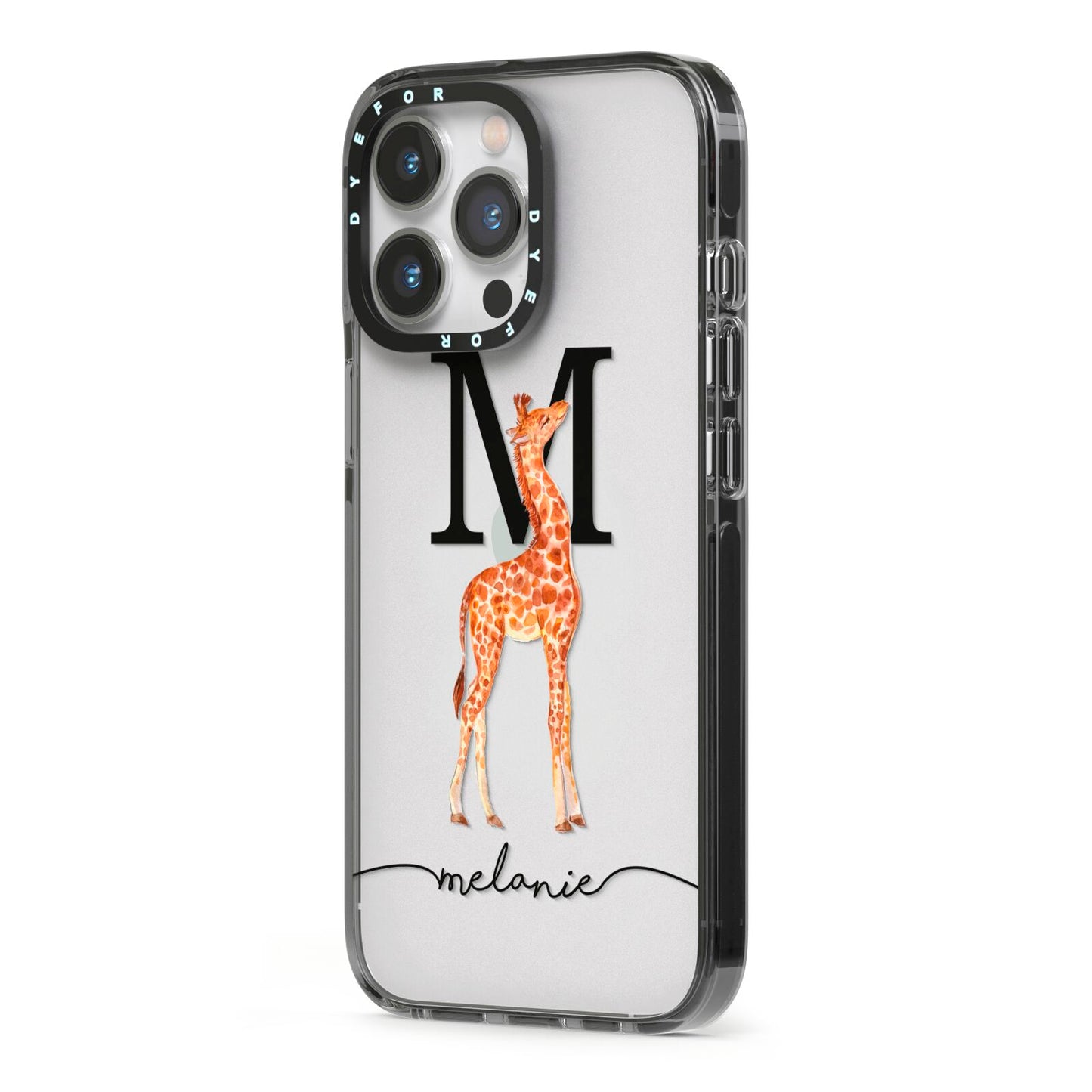 Personalised Giraffe Initial iPhone 13 Pro Black Impact Case Side Angle on Silver phone