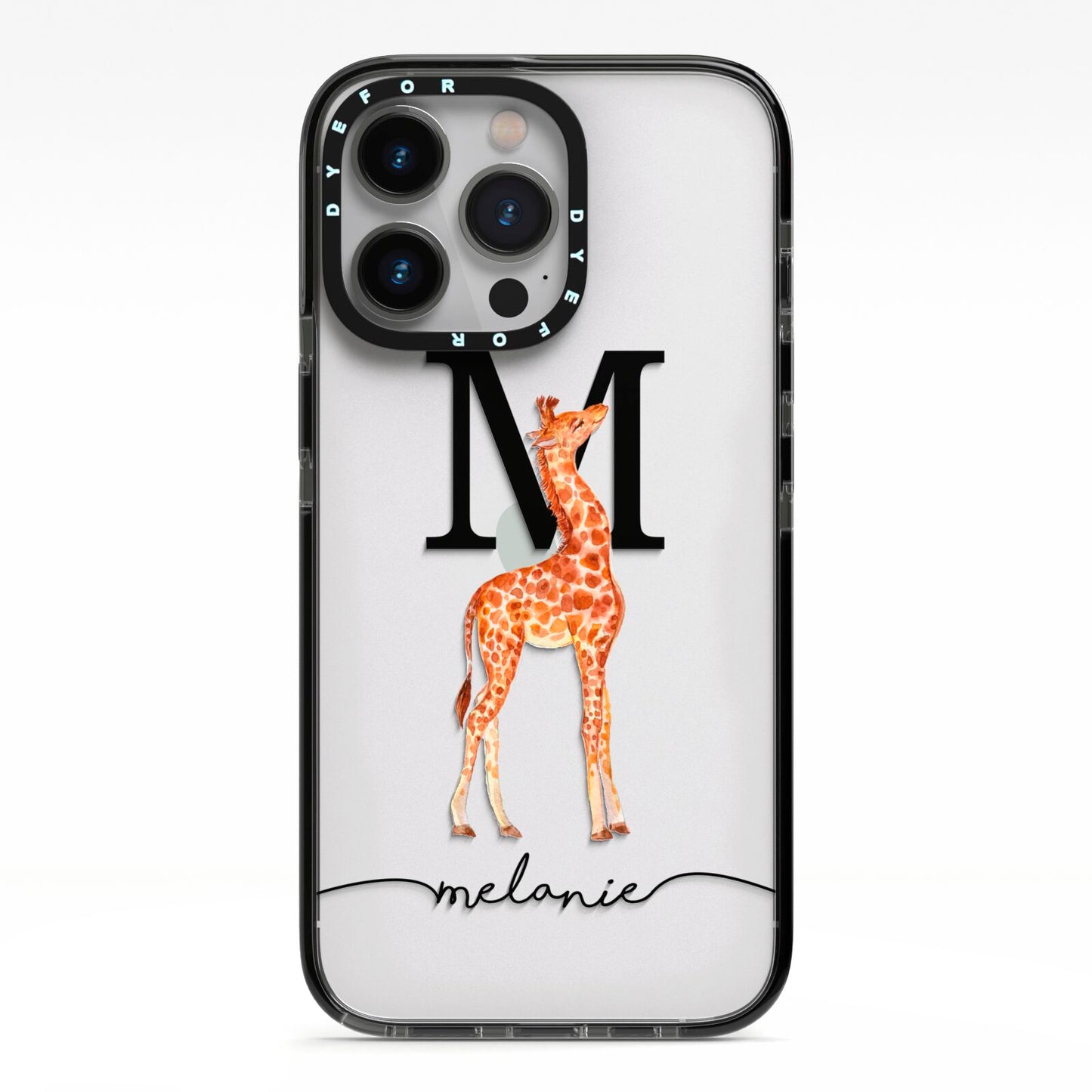 Personalised Giraffe Initial iPhone 13 Pro Black Impact Case on Silver phone