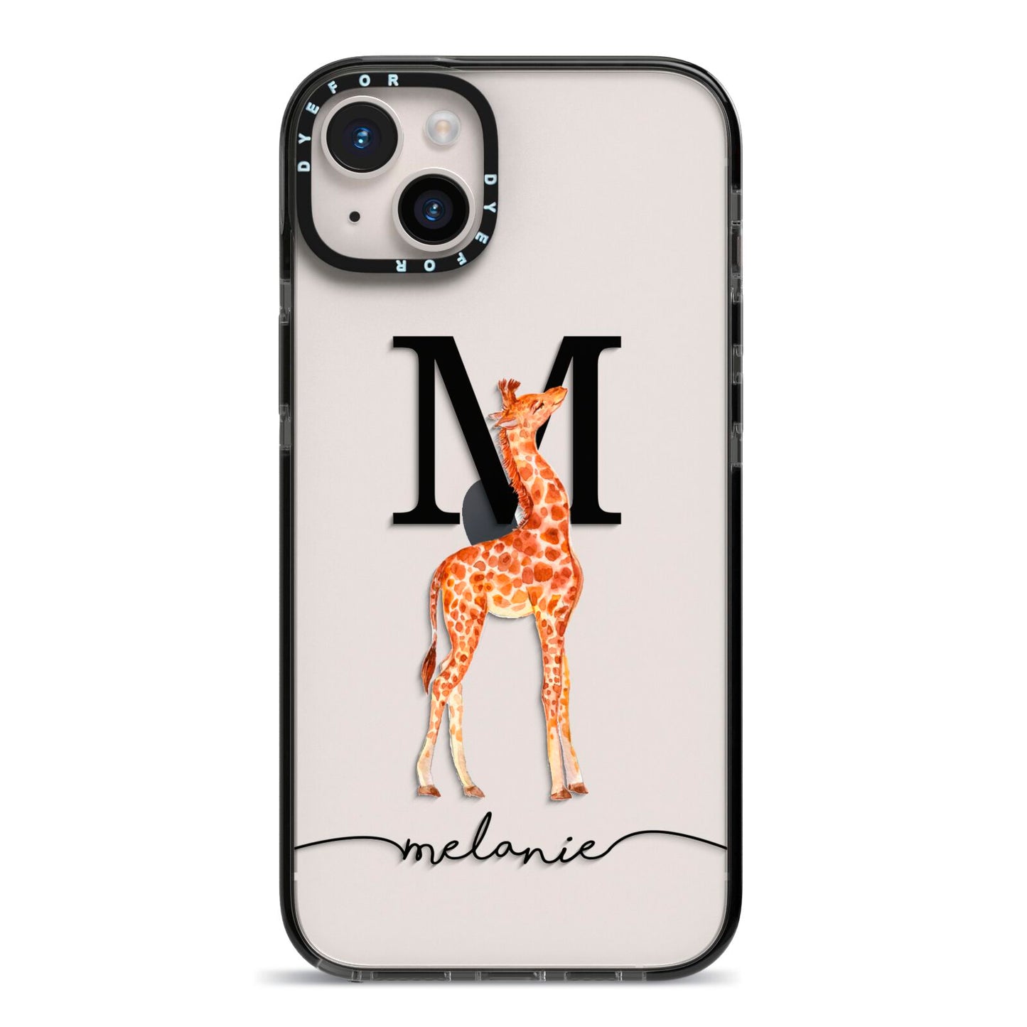 Personalised Giraffe Initial iPhone 14 Plus Black Impact Case on Silver phone