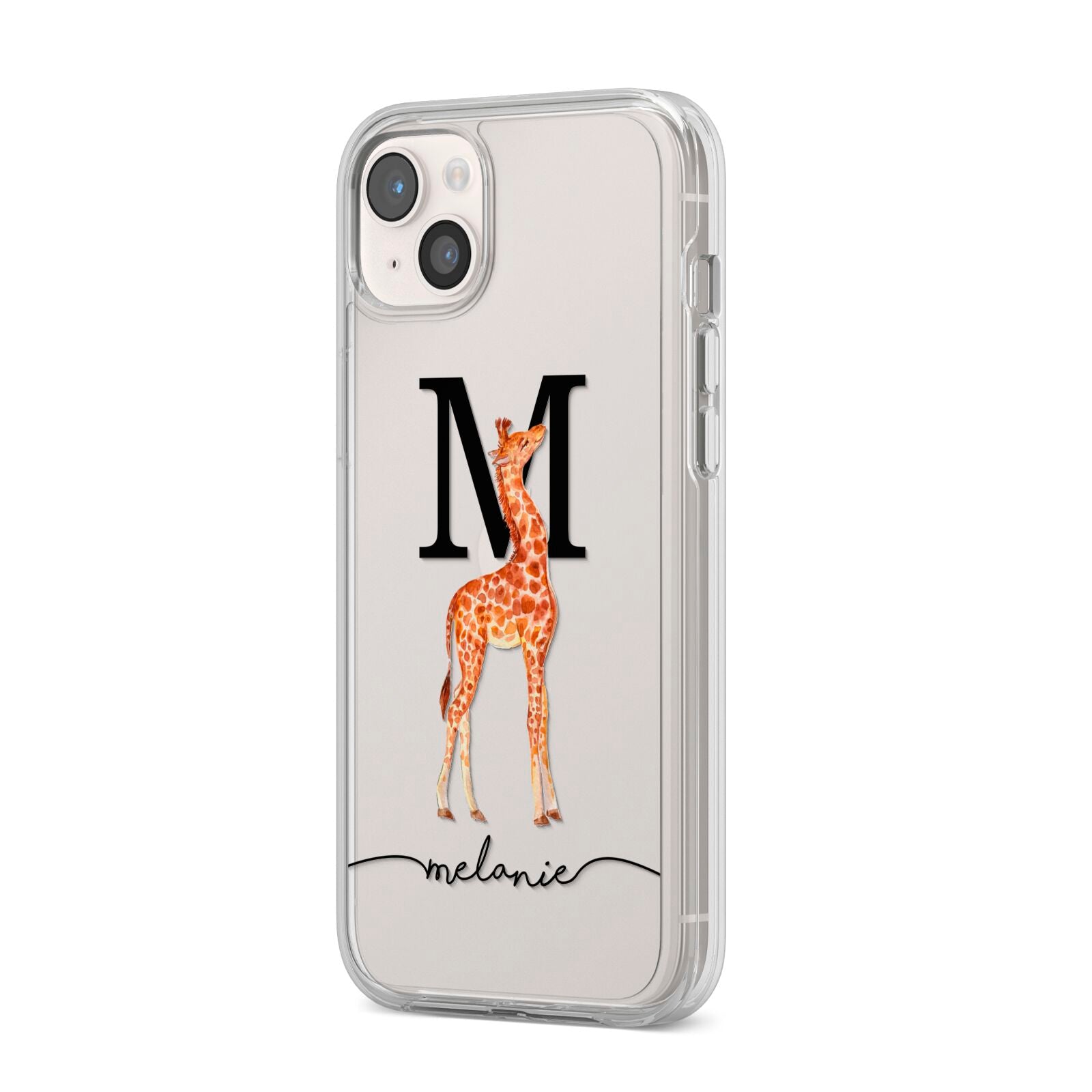 Personalised Giraffe Initial iPhone 14 Plus Clear Tough Case Starlight Angled Image