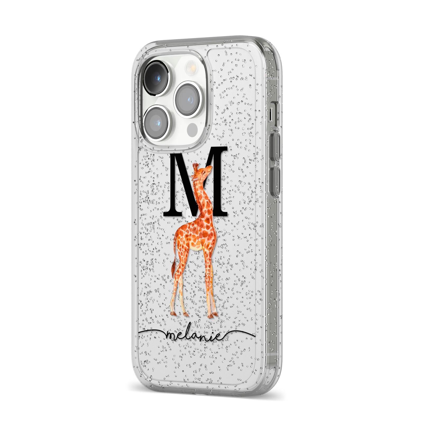 Personalised Giraffe Initial iPhone 14 Pro Glitter Tough Case Silver Angled Image