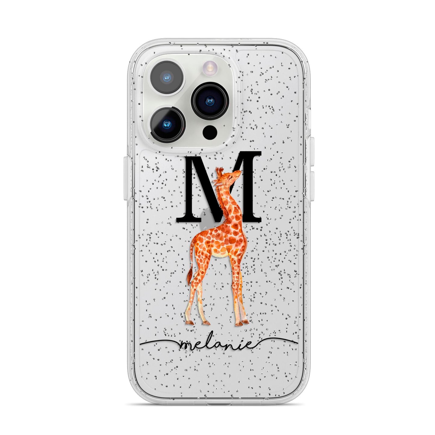 Personalised Giraffe Initial iPhone 14 Pro Glitter Tough Case Silver