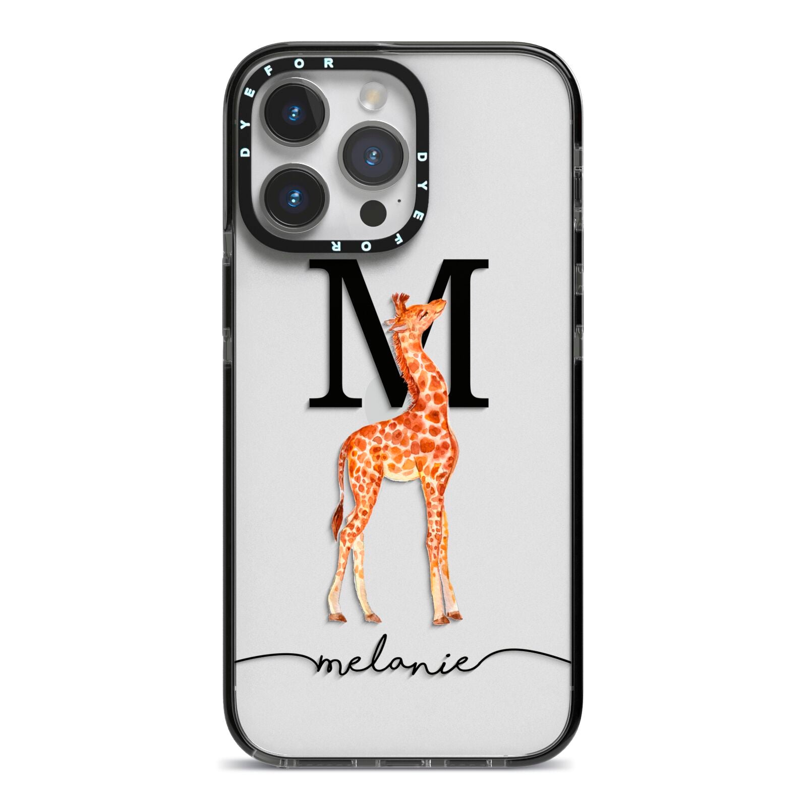 Personalised Giraffe Initial iPhone 14 Pro Max Black Impact Case on Silver phone