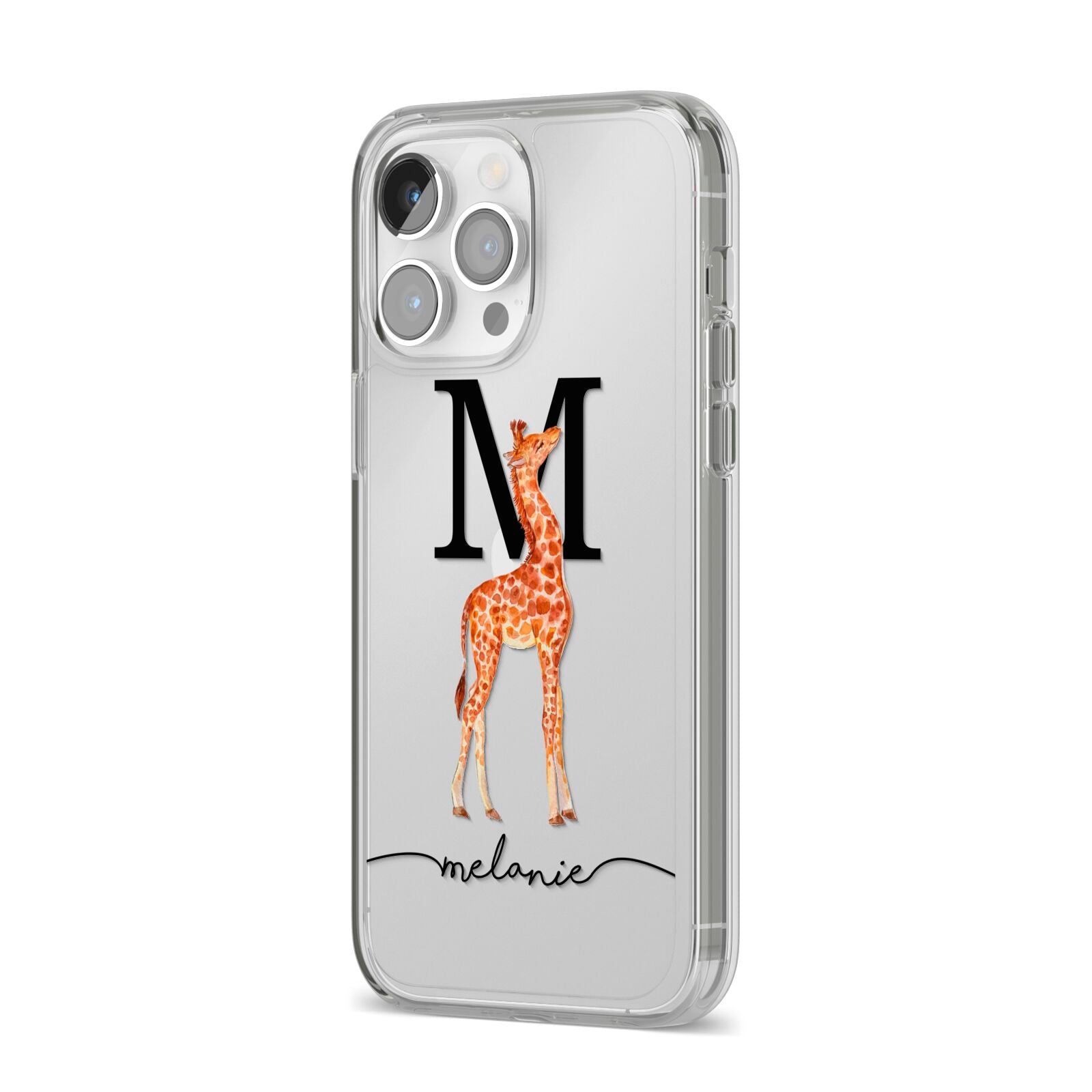 Personalised Giraffe Initial iPhone 14 Pro Max Clear Tough Case Silver Angled Image