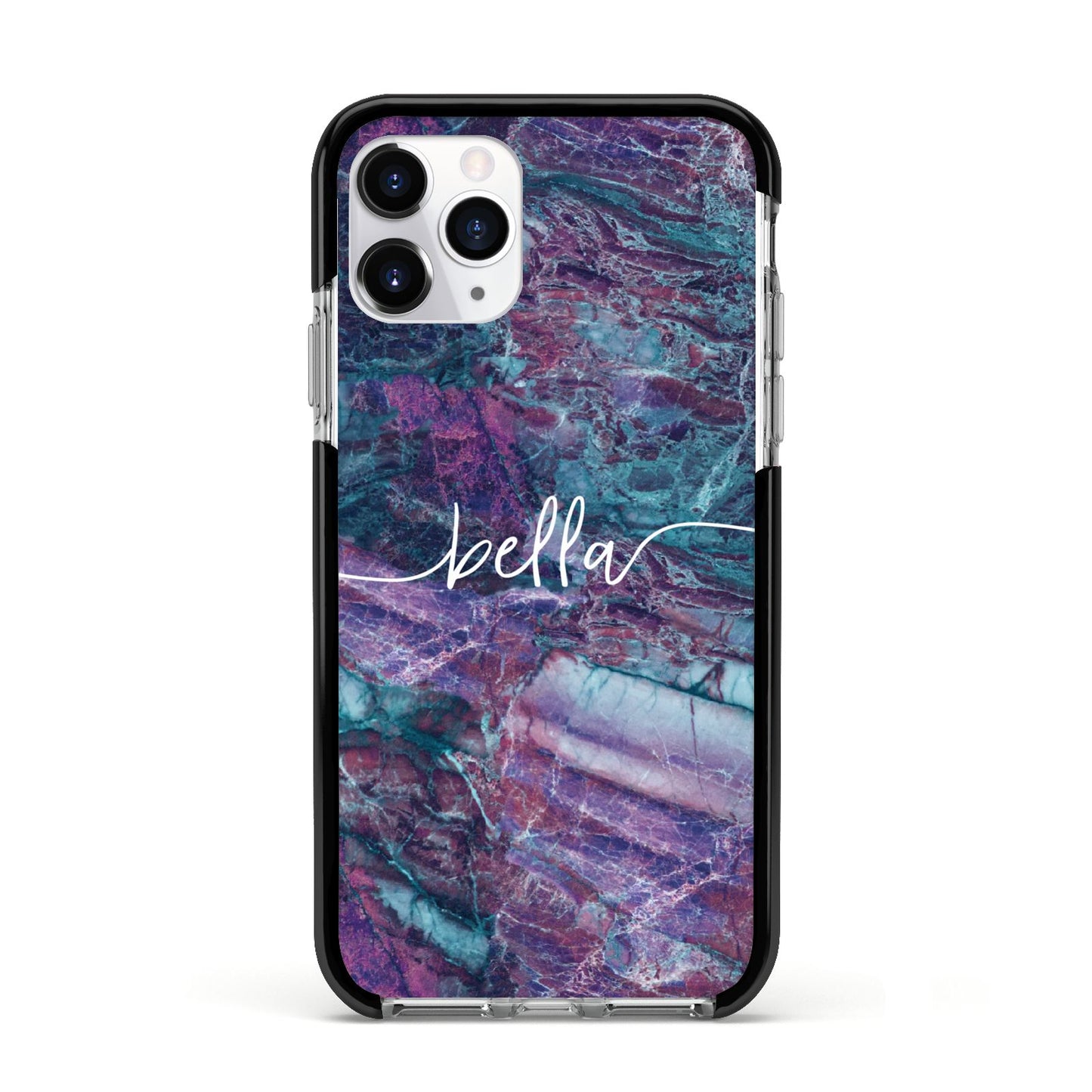 Personalised Green Purple Marble Name Apple iPhone 11 Pro in Silver with Black Impact Case