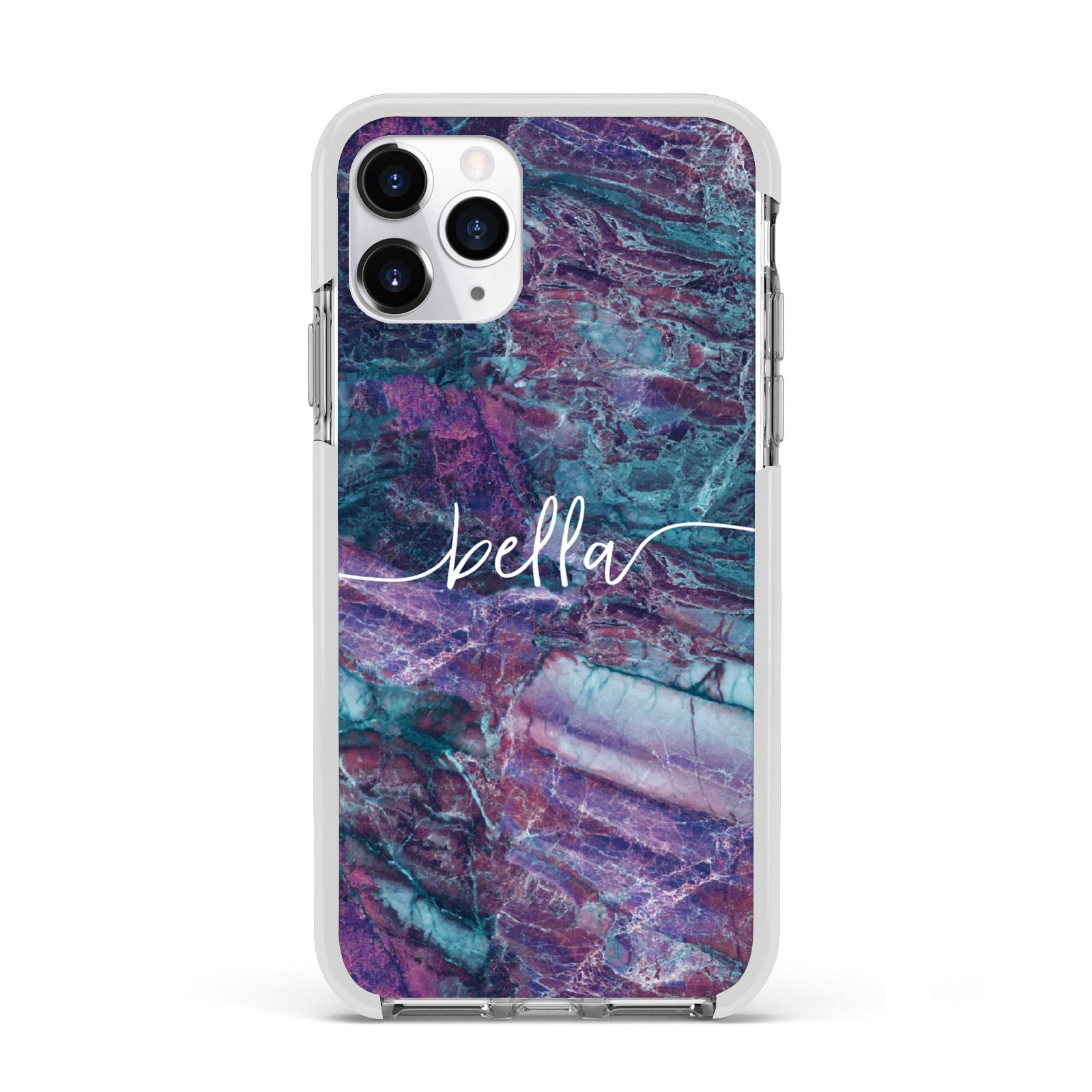 Personalised Green Purple Marble Name Apple iPhone 11 Pro in Silver with White Impact Case