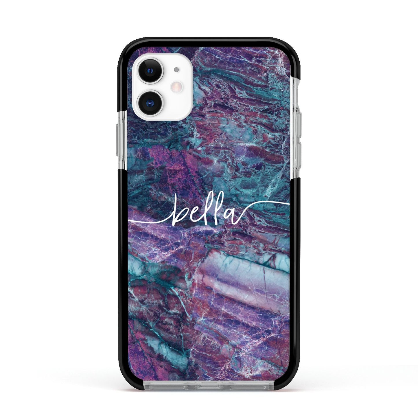 Personalised Green Purple Marble Name Apple iPhone 11 in White with Black Impact Case