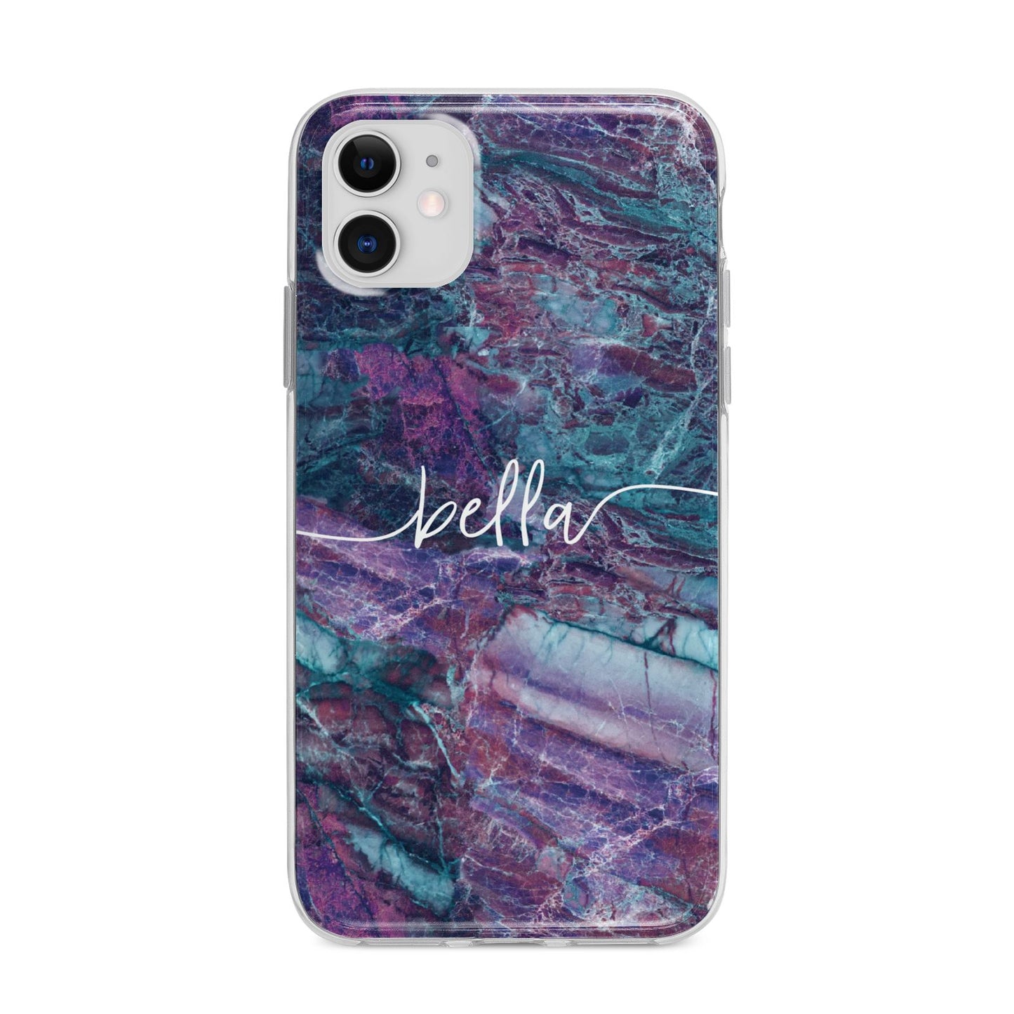 Personalised Green Purple Marble Name Apple iPhone 11 in White with Bumper Case