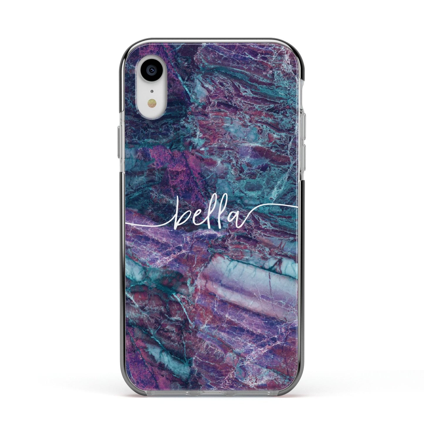 Personalised Green Purple Marble Name Apple iPhone XR Impact Case Black Edge on Silver Phone