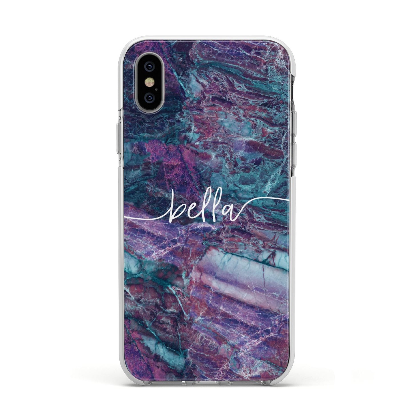 Personalised Green Purple Marble Name Apple iPhone Xs Impact Case White Edge on Silver Phone