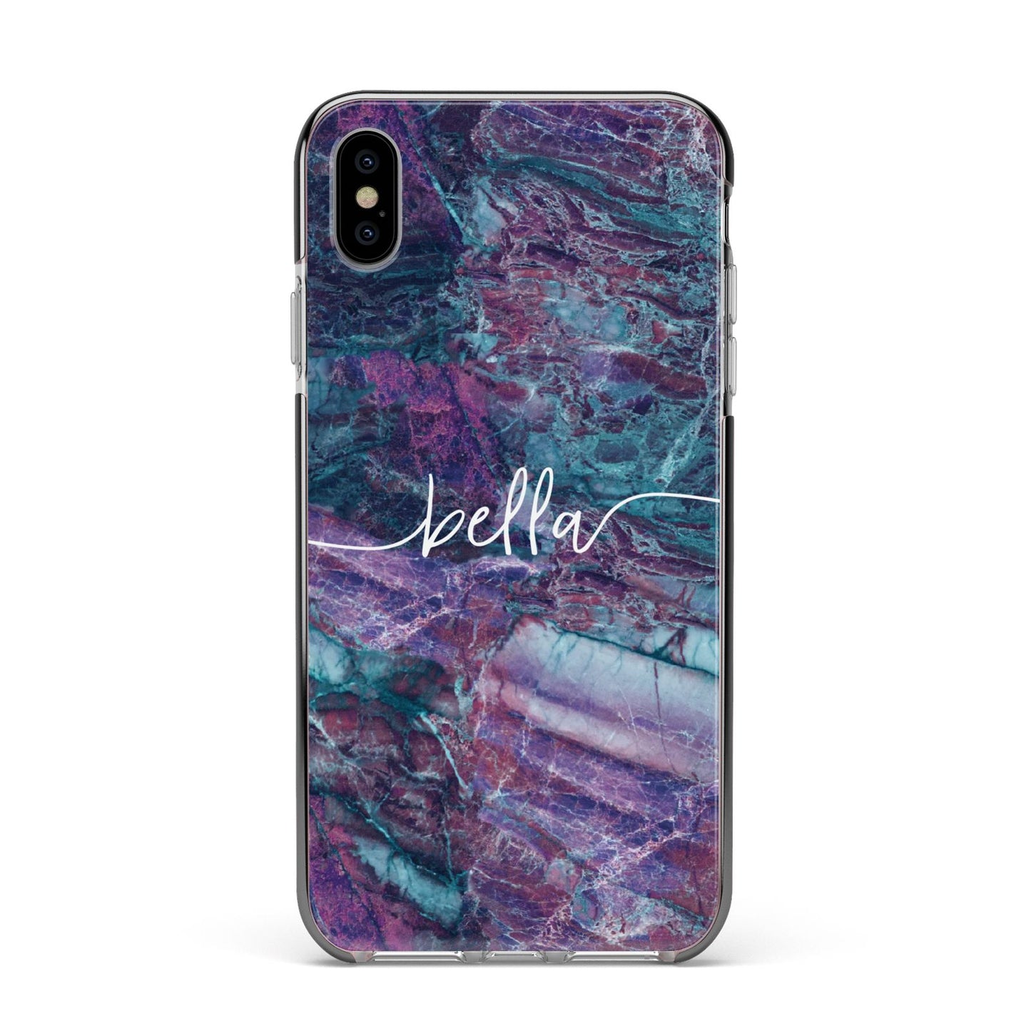 Personalised Green Purple Marble Name Apple iPhone Xs Max Impact Case Black Edge on Silver Phone