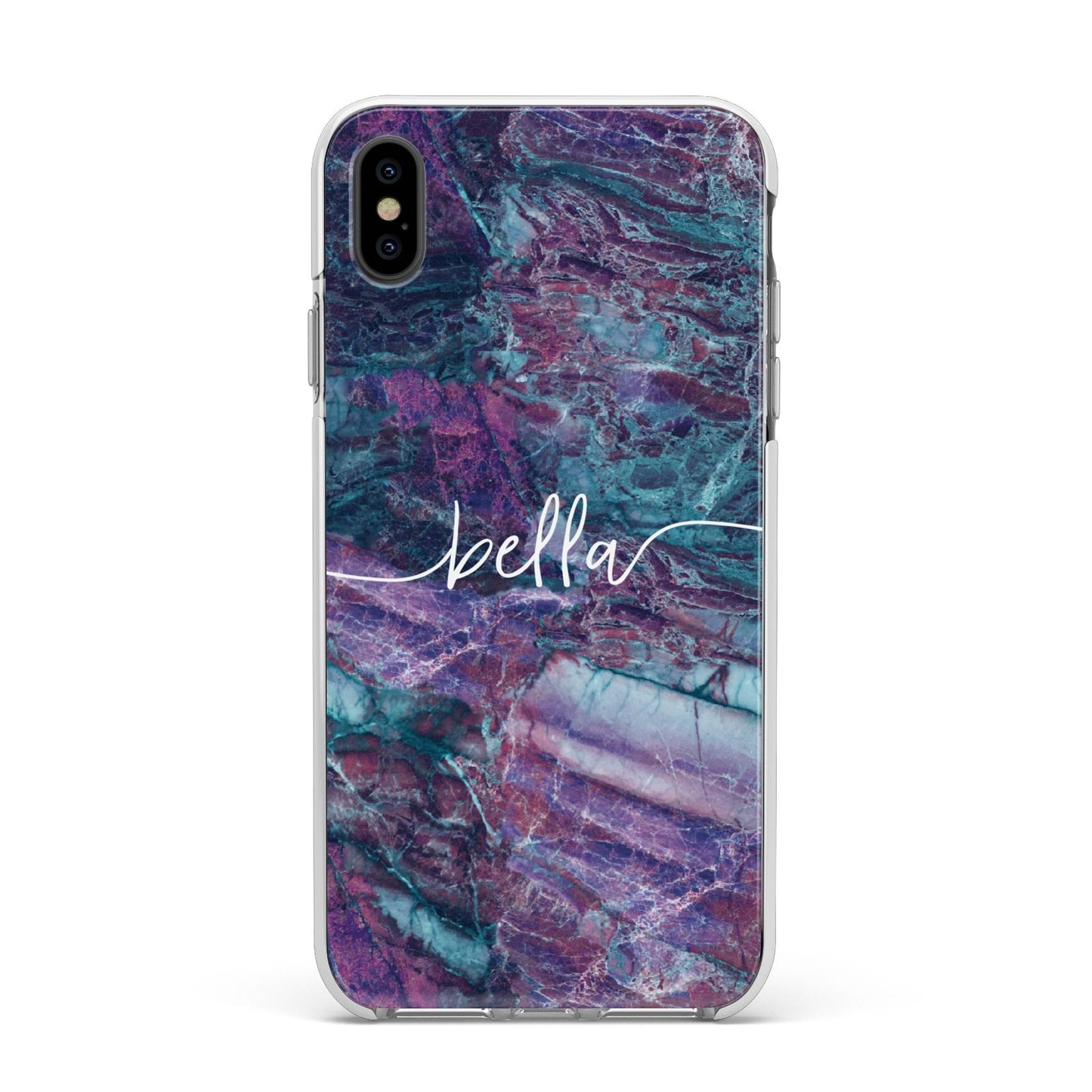 Personalised Green Purple Marble Name Apple iPhone Xs Max Impact Case White Edge on Black Phone
