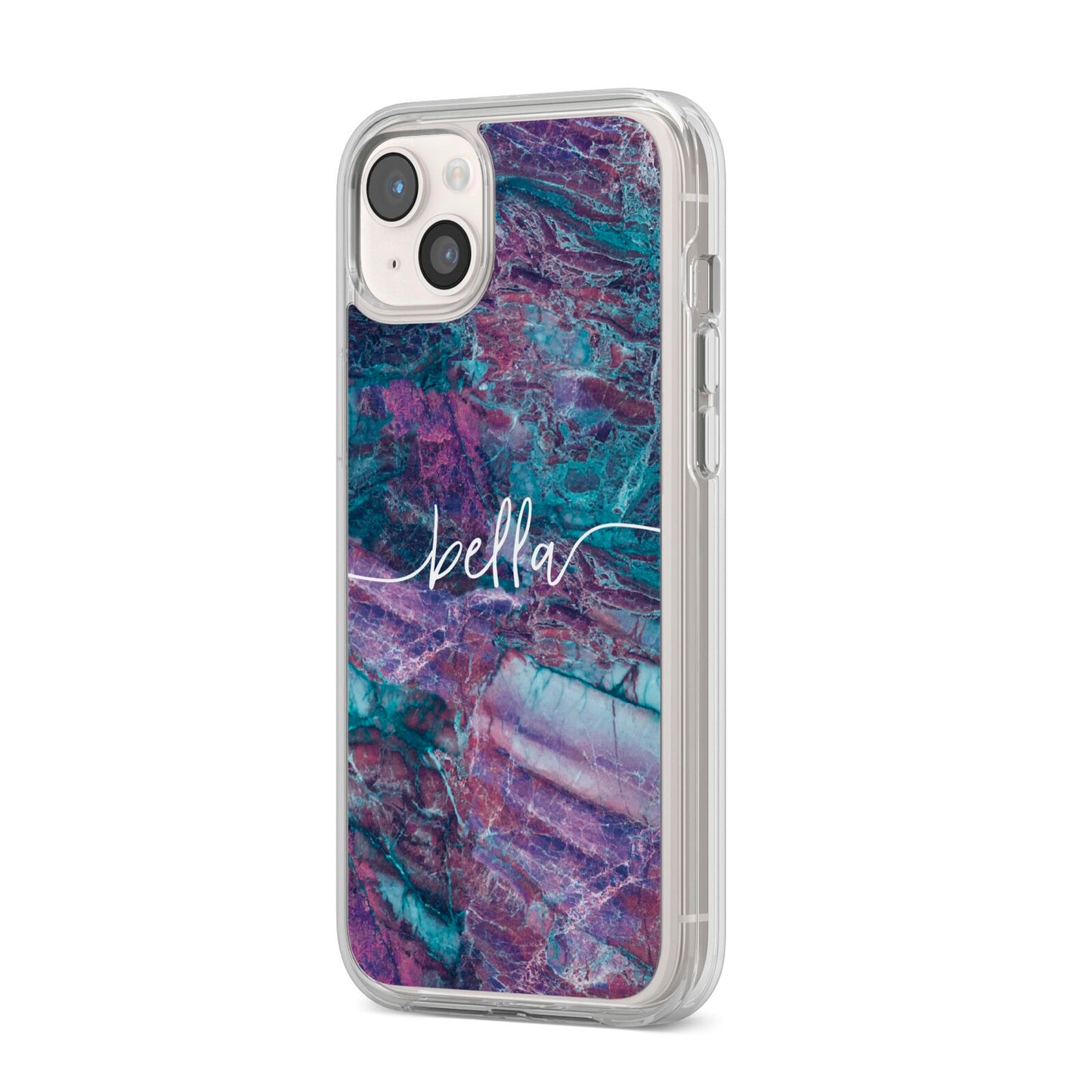 Personalised Green Purple Marble Name iPhone 14 Plus Clear Tough Case Starlight Angled Image