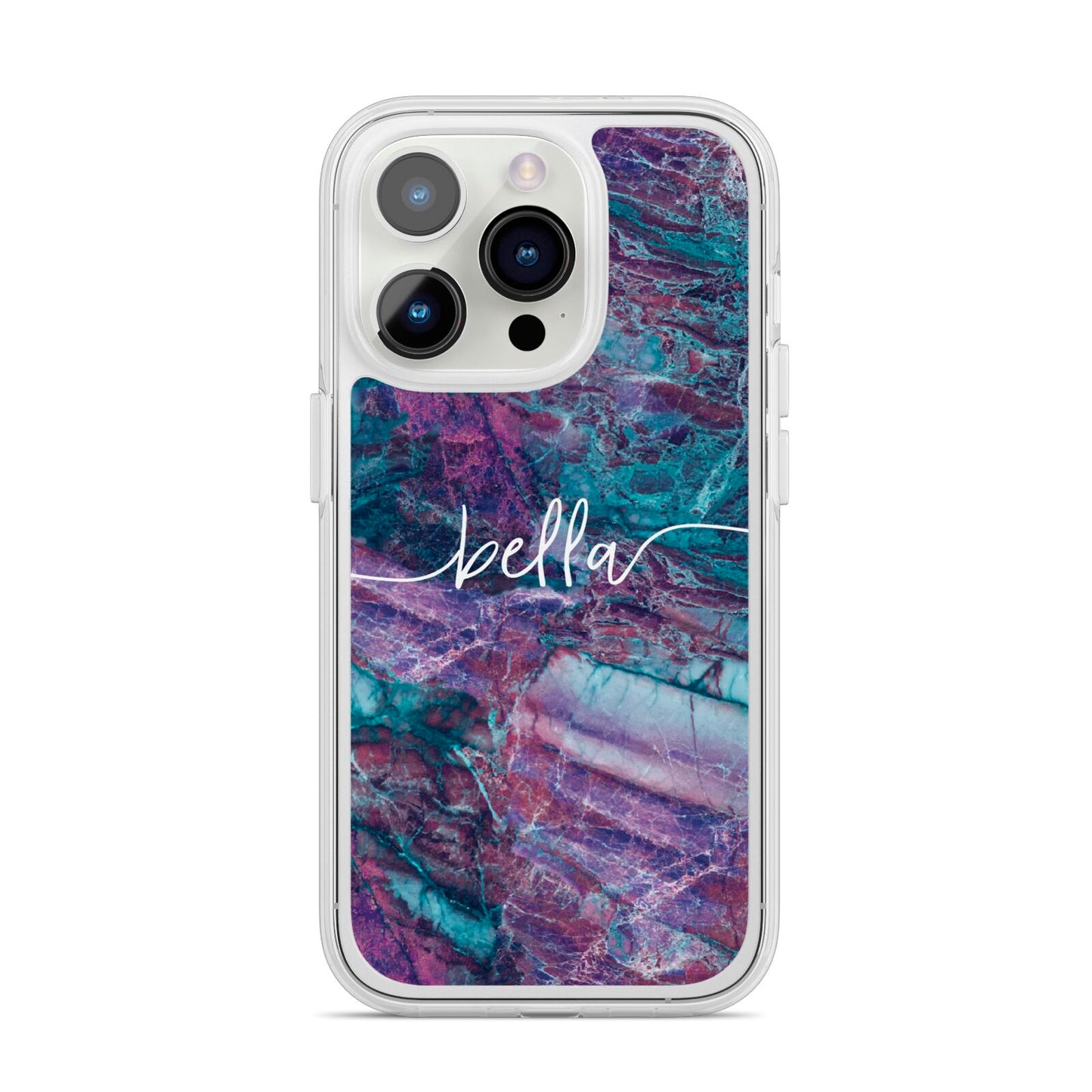 Personalised Green Purple Marble Name iPhone 14 Pro Clear Tough Case Silver