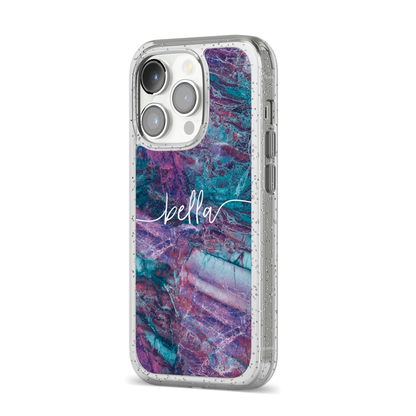 Personalised Green Purple Marble Name iPhone 14 Pro Glitter Tough Case Silver Angled Image