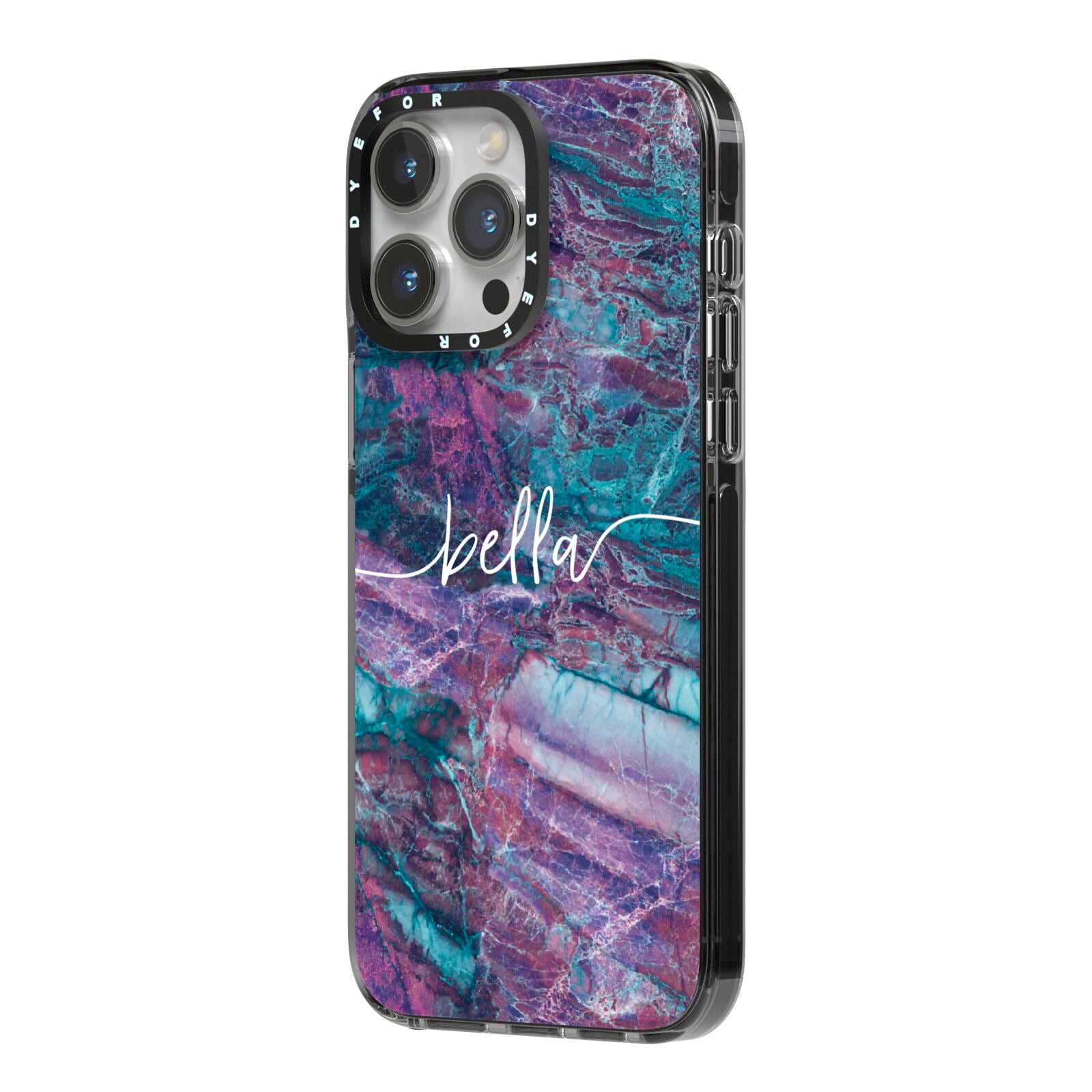 Personalised Green Purple Marble Name iPhone 14 Pro Max Black Impact Case Side Angle on Silver phone