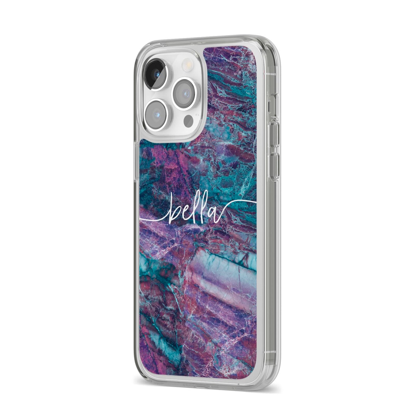 Personalised Green Purple Marble Name iPhone 14 Pro Max Clear Tough Case Silver Angled Image