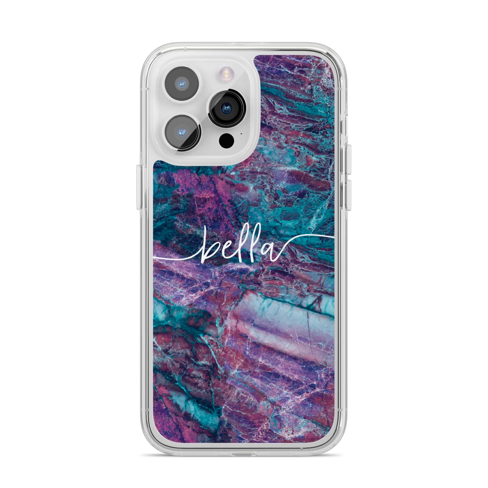 Personalised Green Purple Marble Name iPhone 14 Pro Max Clear Tough Case Silver