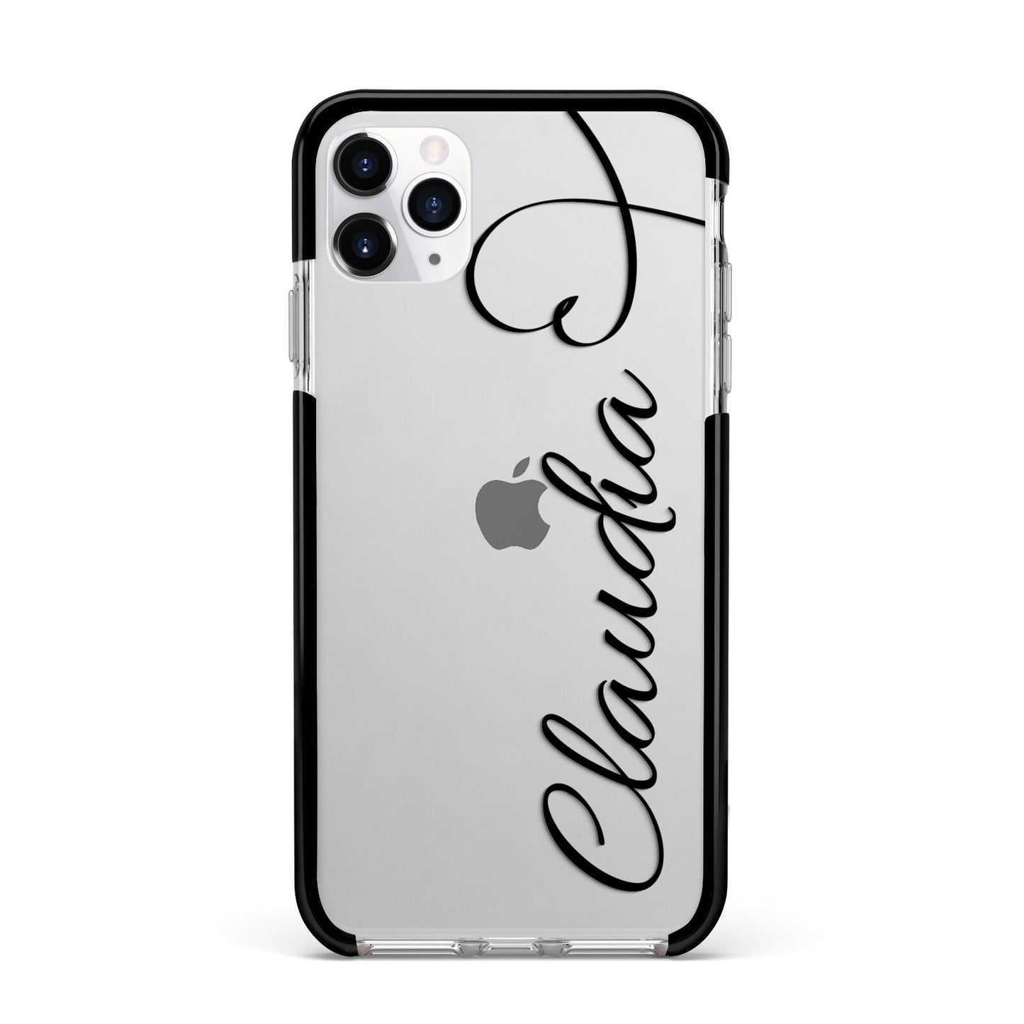 Personalised Heart Name Apple iPhone 11 Pro Max in Silver with Black Impact Case