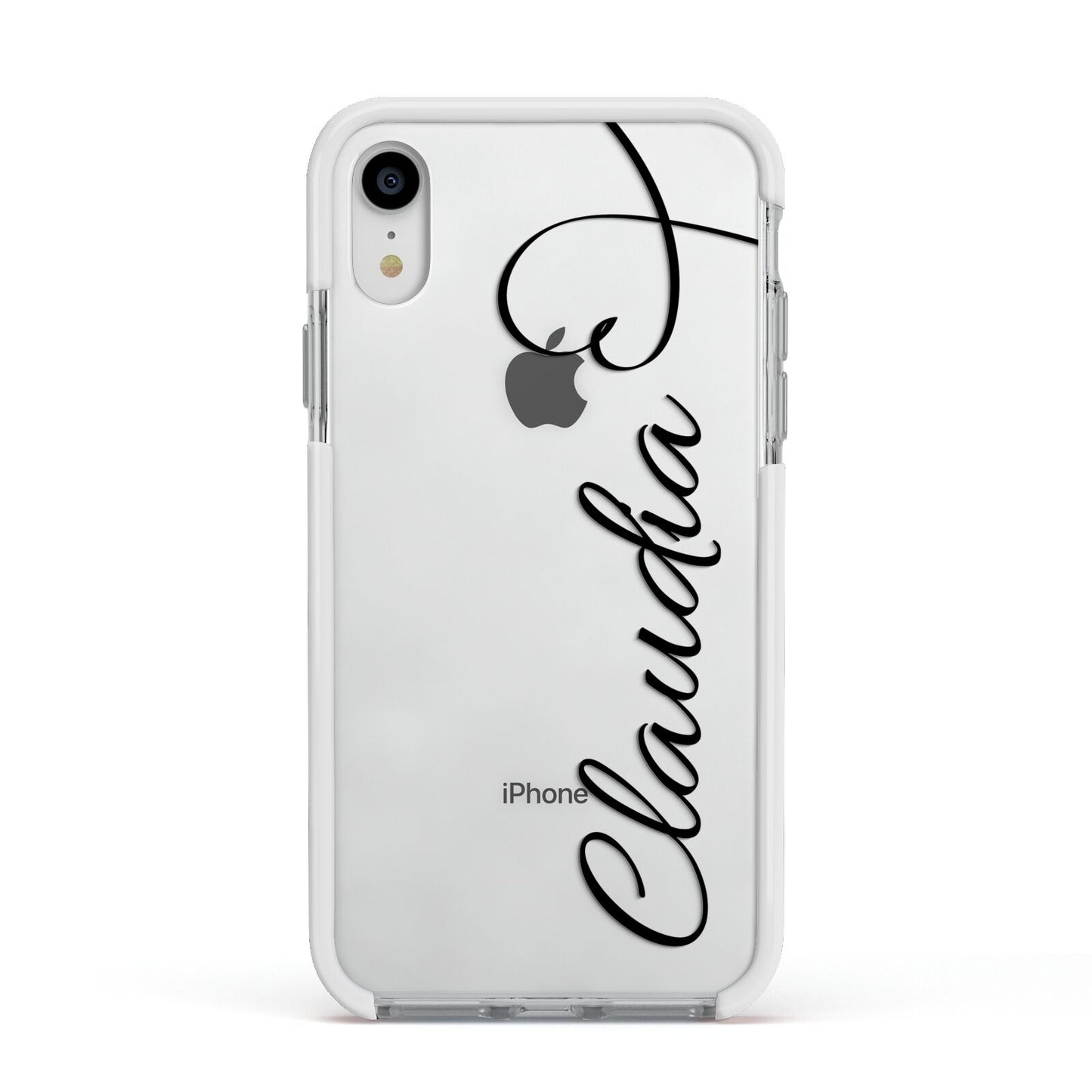Personalised Heart Name Apple iPhone XR Impact Case White Edge on Silver Phone