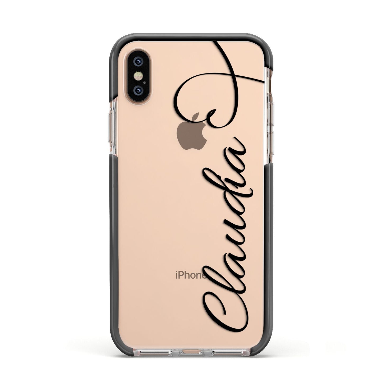 Personalised Heart Name Apple iPhone Xs Impact Case Black Edge on Gold Phone