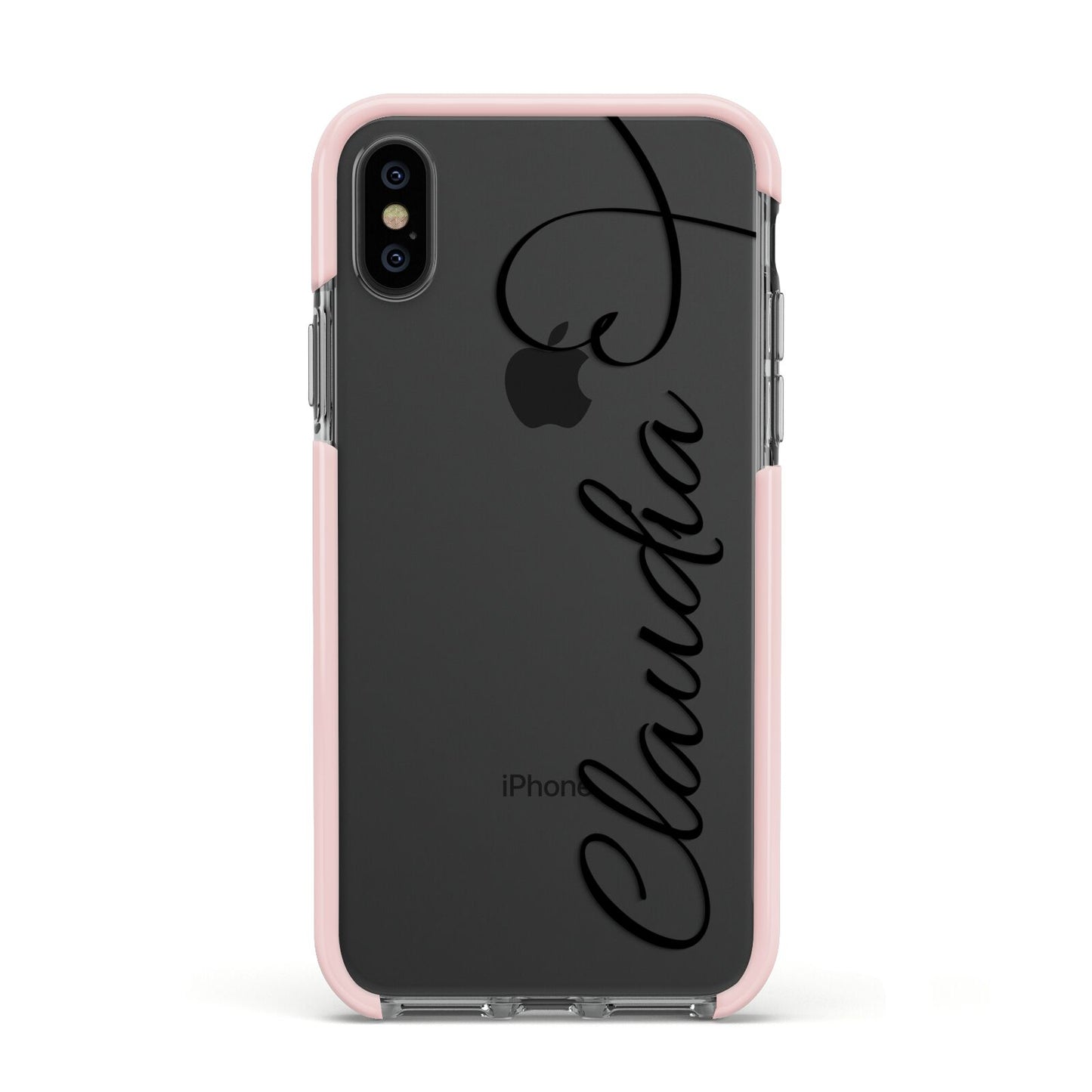 Personalised Heart Name Apple iPhone Xs Impact Case Pink Edge on Black Phone