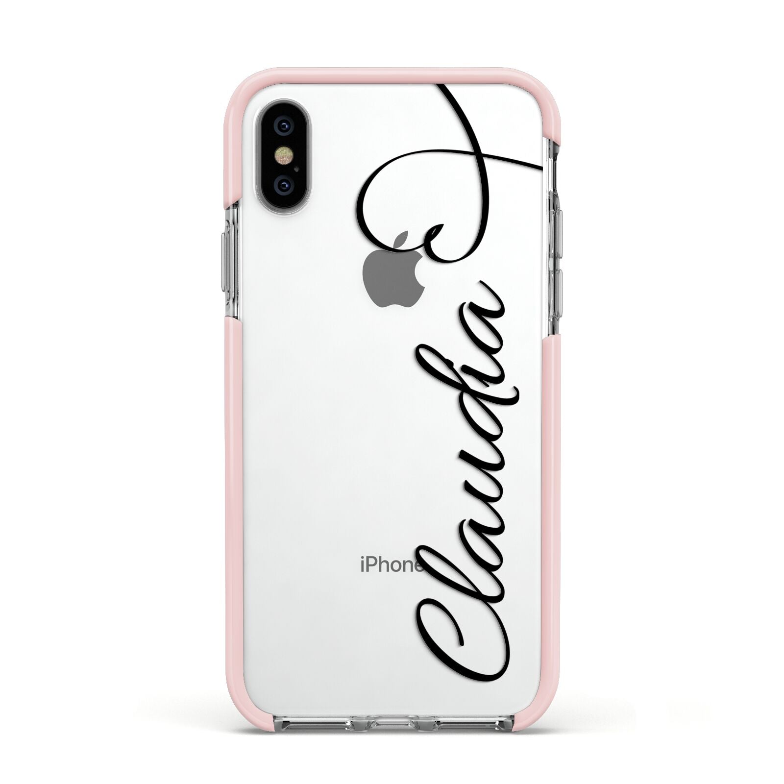 Personalised Heart Name Apple iPhone Xs Impact Case Pink Edge on Silver Phone