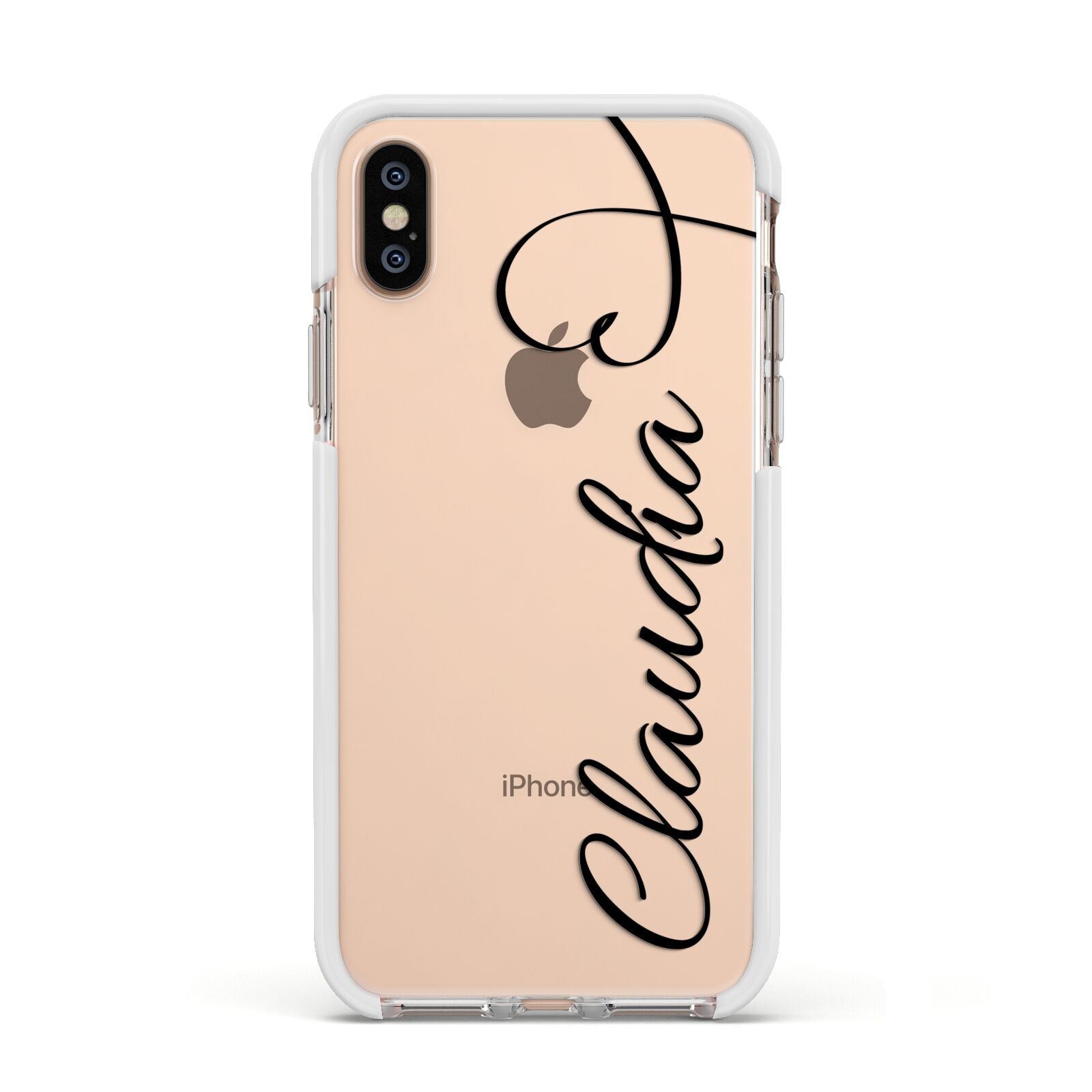Personalised Heart Name Apple iPhone Xs Impact Case White Edge on Gold Phone