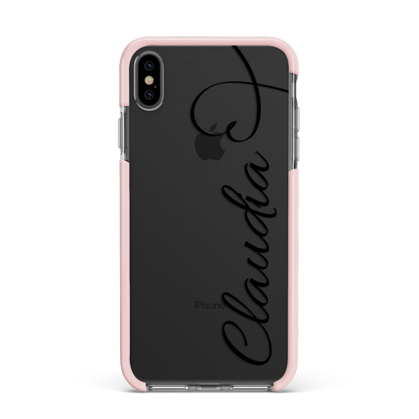 Personalised Heart Name Apple iPhone Xs Max Impact Case Pink Edge on Black Phone
