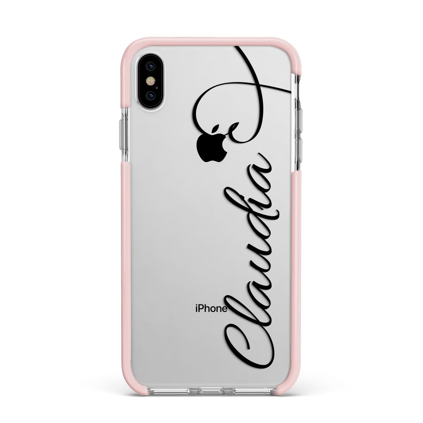 Personalised Heart Name Apple iPhone Xs Max Impact Case Pink Edge on Silver Phone