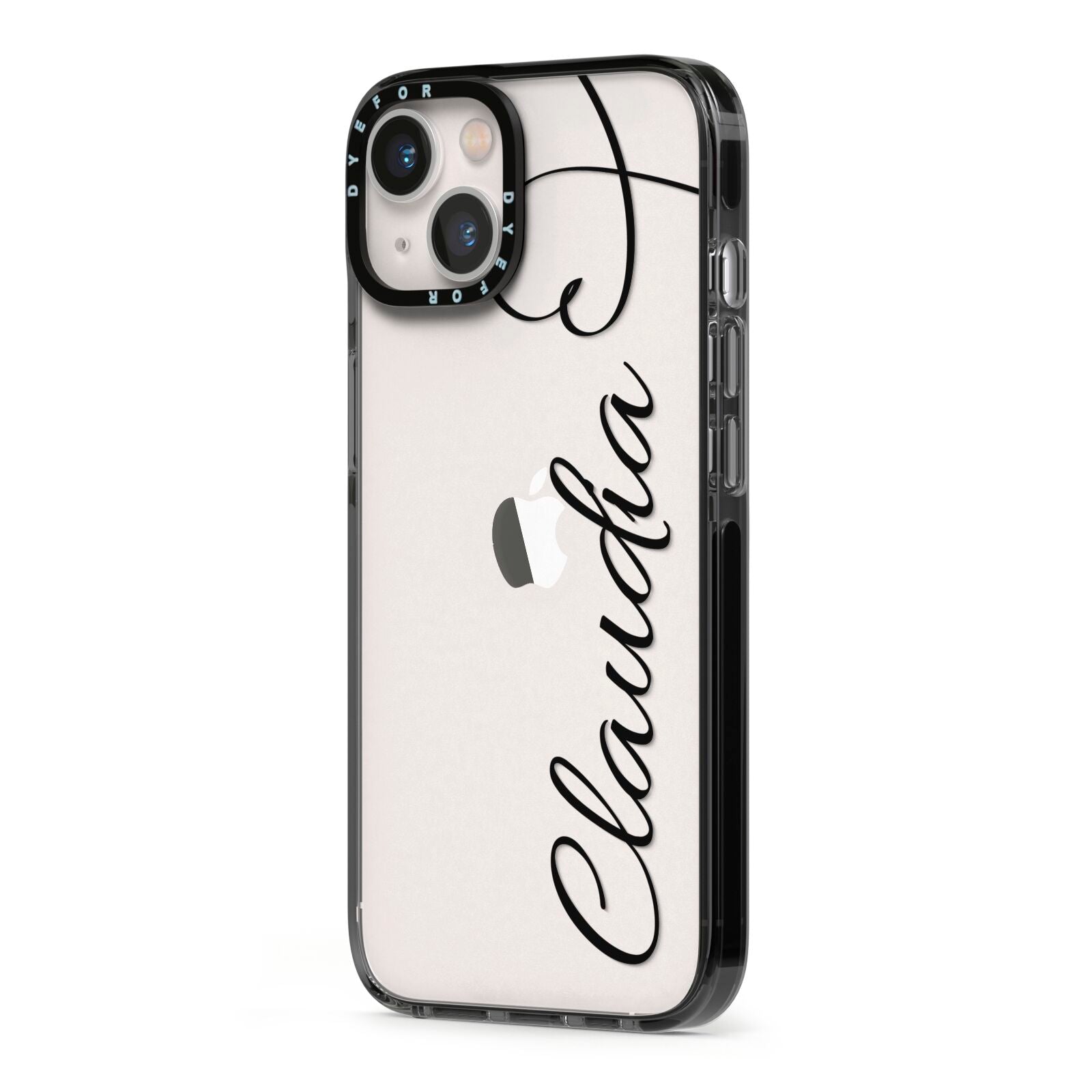 Personalised Heart Name iPhone 13 Black Impact Case Side Angle on Silver phone