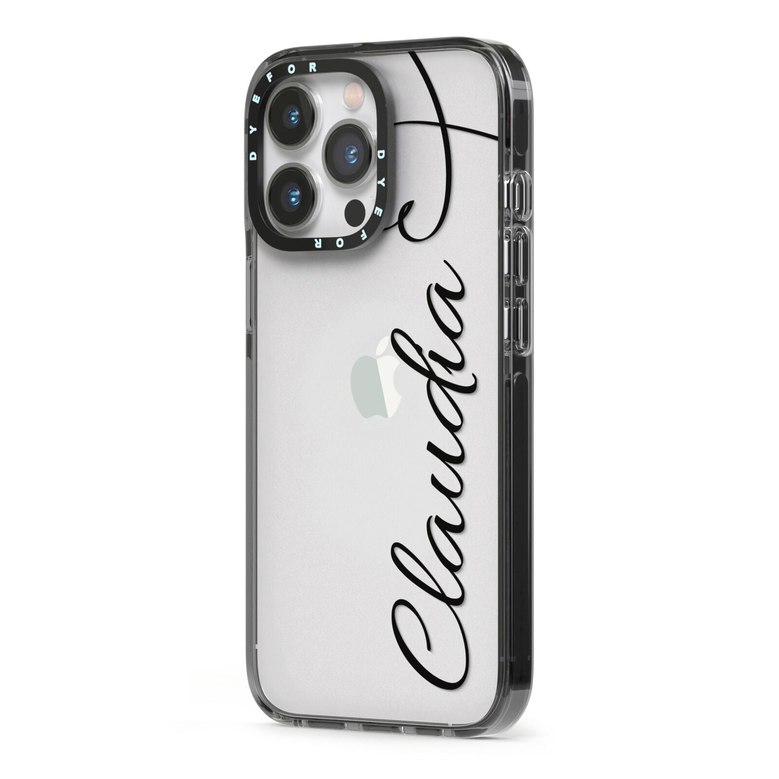 Personalised Heart Name iPhone 13 Pro Black Impact Case Side Angle on Silver phone