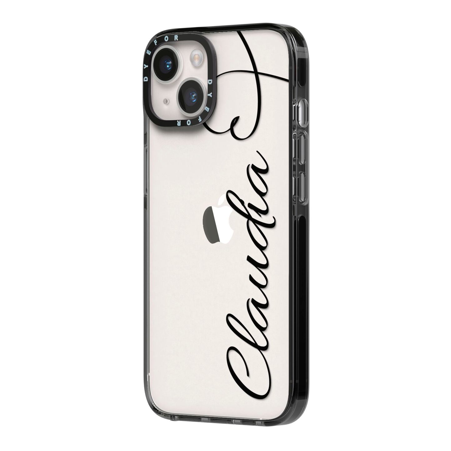 Personalised Heart Name iPhone 14 Black Impact Case Side Angle on Silver phone